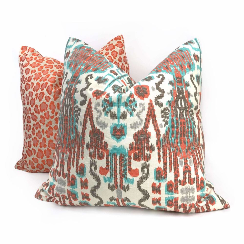 Bombay Paprika Orange Aqua Blue Ikat Pillow Cover - Handmade Linen Blend Cushion Case for Sofa, Bed & Home Decor - Boho Chic Throw Pillow Cover 18x18 Inches