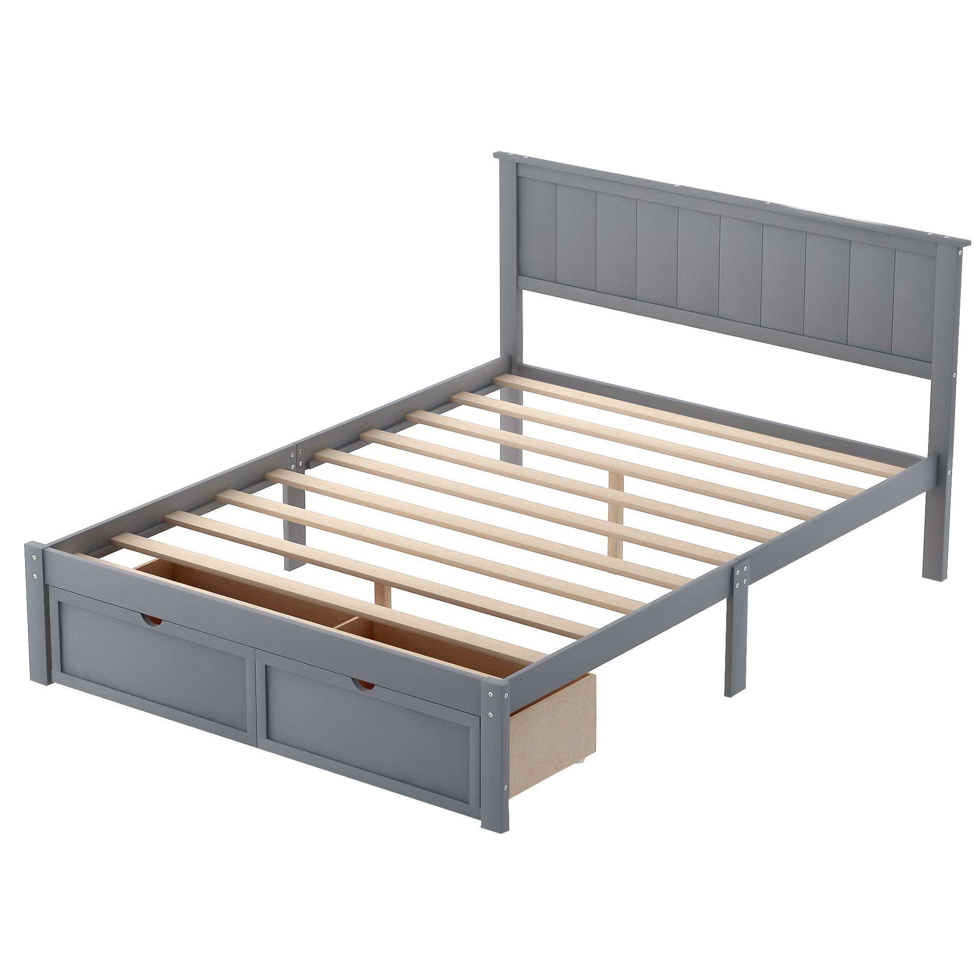 Knocbel Full Size Wooden Platform Bed Frame with Headboard & Under-Bed Storage Drawers - 10-Slat Support System, 300lbs Weight Capacity (Gray) | Perfect for Small Bedrooms, Guest Rooms & Dormitories