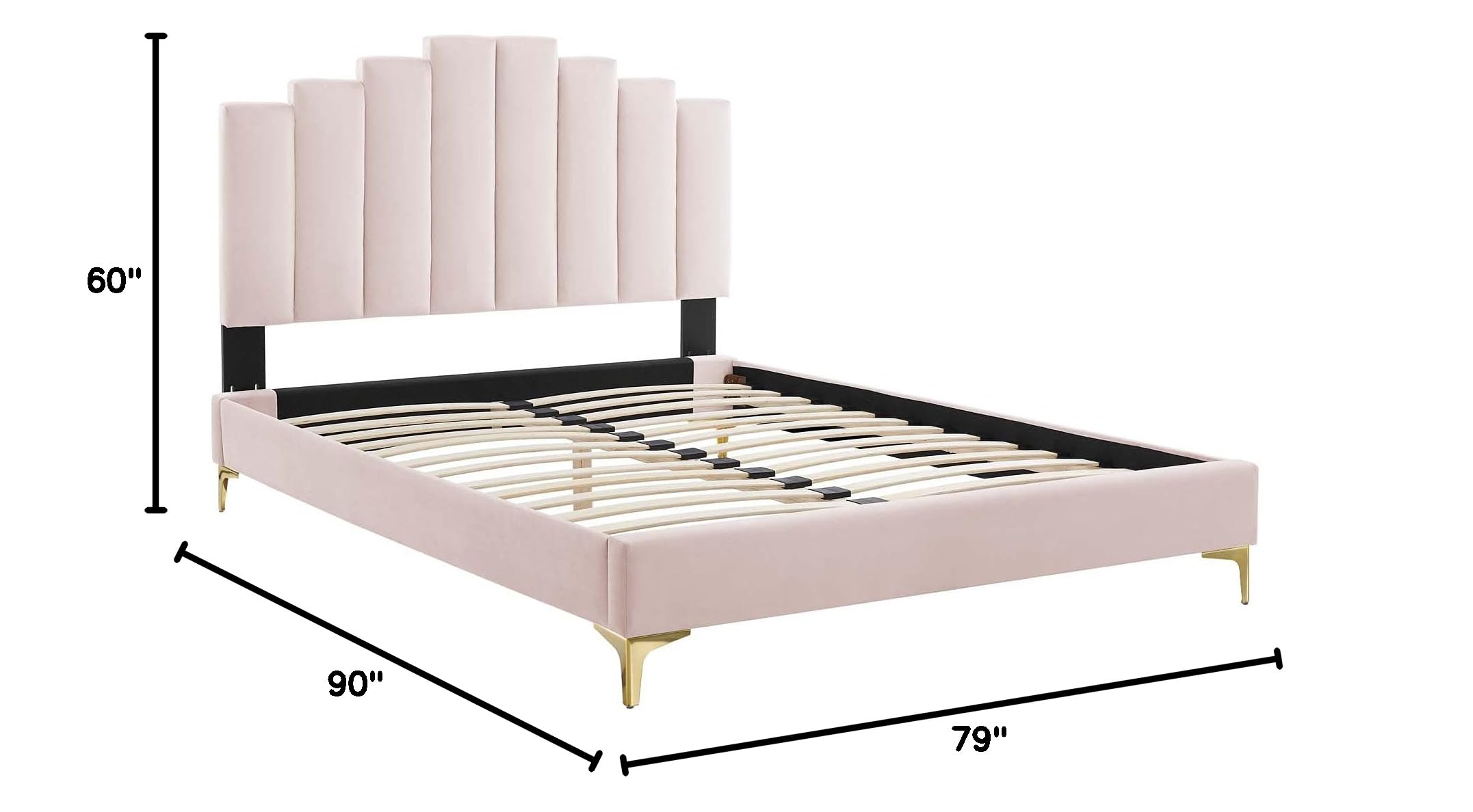 Modway Elise Channel Tufted Performance Velvet King Platform Bed - Pink Velvet Upholstery with Gold Metal Legs - Luxury Bedroom Furniture for Master Suite & Guest Room