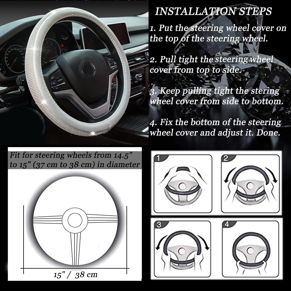 Diamond Leather Steering Wheel Cover with Crystal Rhinestones - Universal Fit 15 Inch Car Wheel Protector for Women & Girls (Silver) - Luxury Car Accessory for Daily Driving & Gift Giving