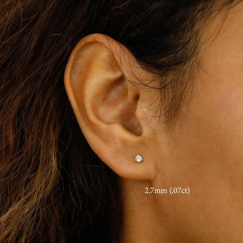 Minimalist Small Three Prong Stud Earrings - Single Low Profile Earring (Half Pair) SE017H - Perfect for Everyday Wear, Work & Special Occasions