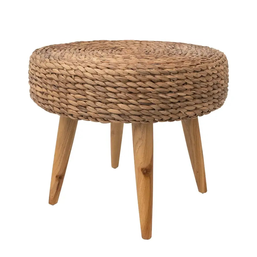 Hand Woven Hyacinth & Teakwood Stool - Natural Boho Style Side Table or Footrest - Perfect for Living Room, Bedroom, or Outdoor Patio Decor