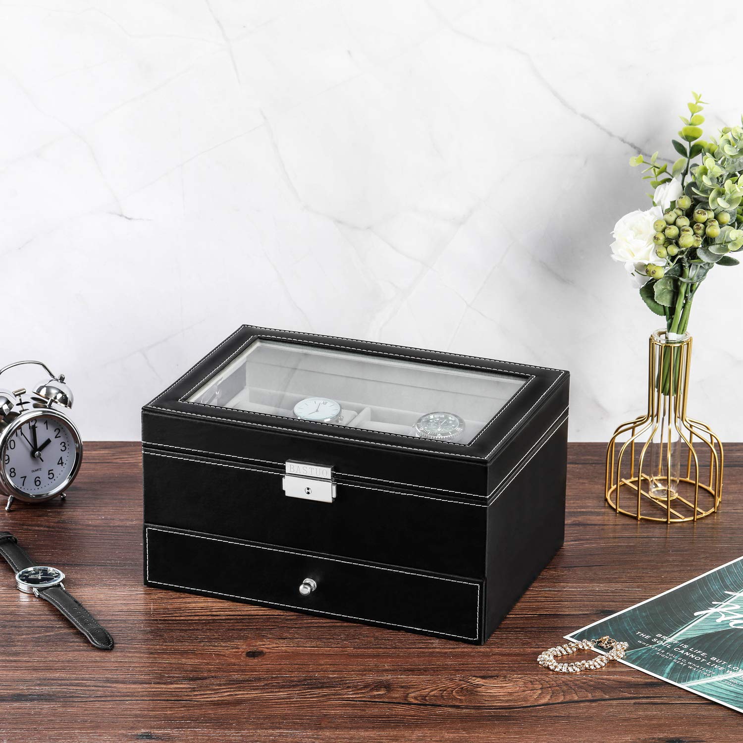 Premium 20-Slot Watch Box for Men - PU Leather Watch Display Case with Large Glass Top - Luxury Watch & Jewelry Organizer - Perfect for Travel, Gifts & Home Storage