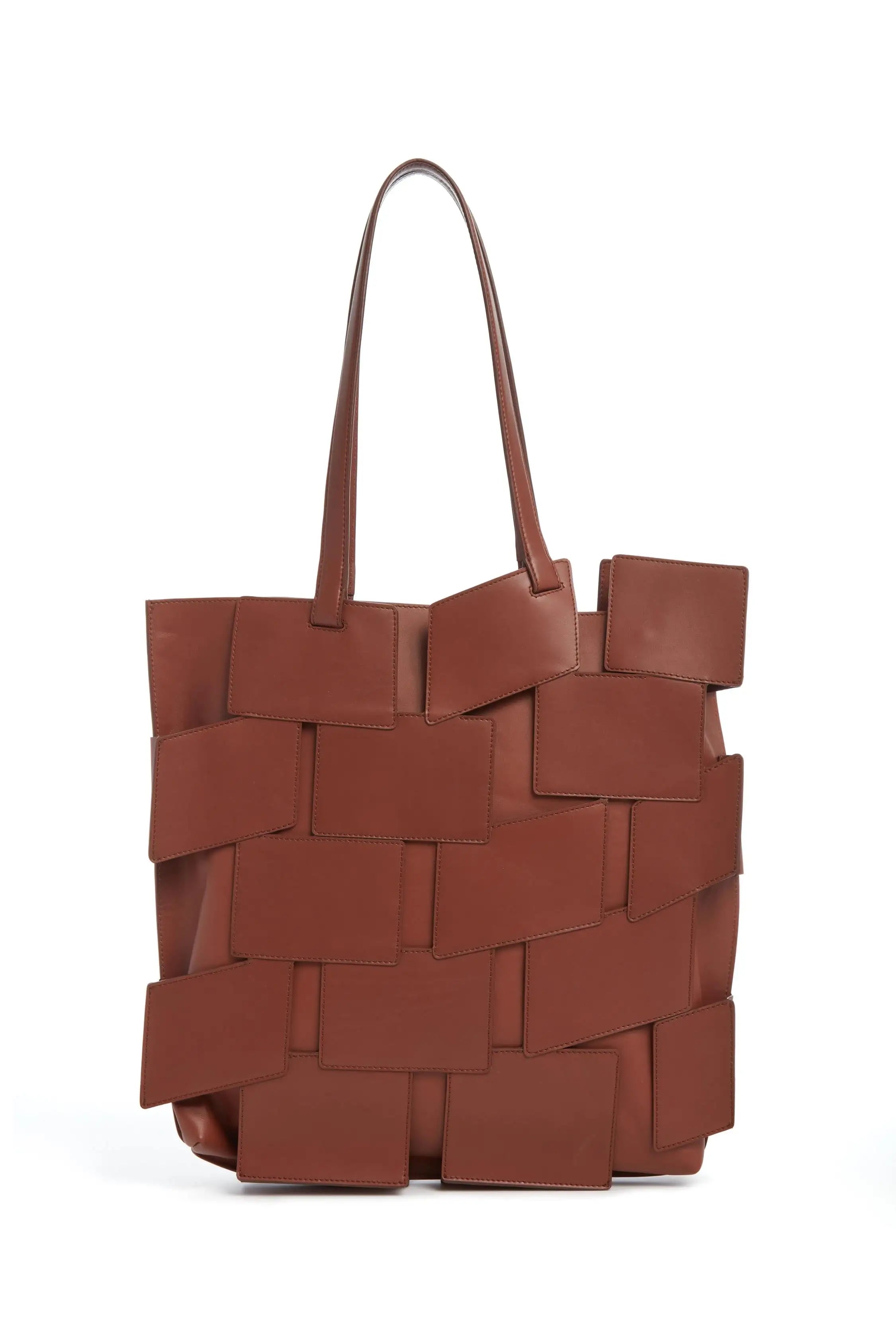 Handmade Cognac Leather Patchwork Tote Bag - Vintage Style Women's Shoulder Bag for Work, Travel & Shopping