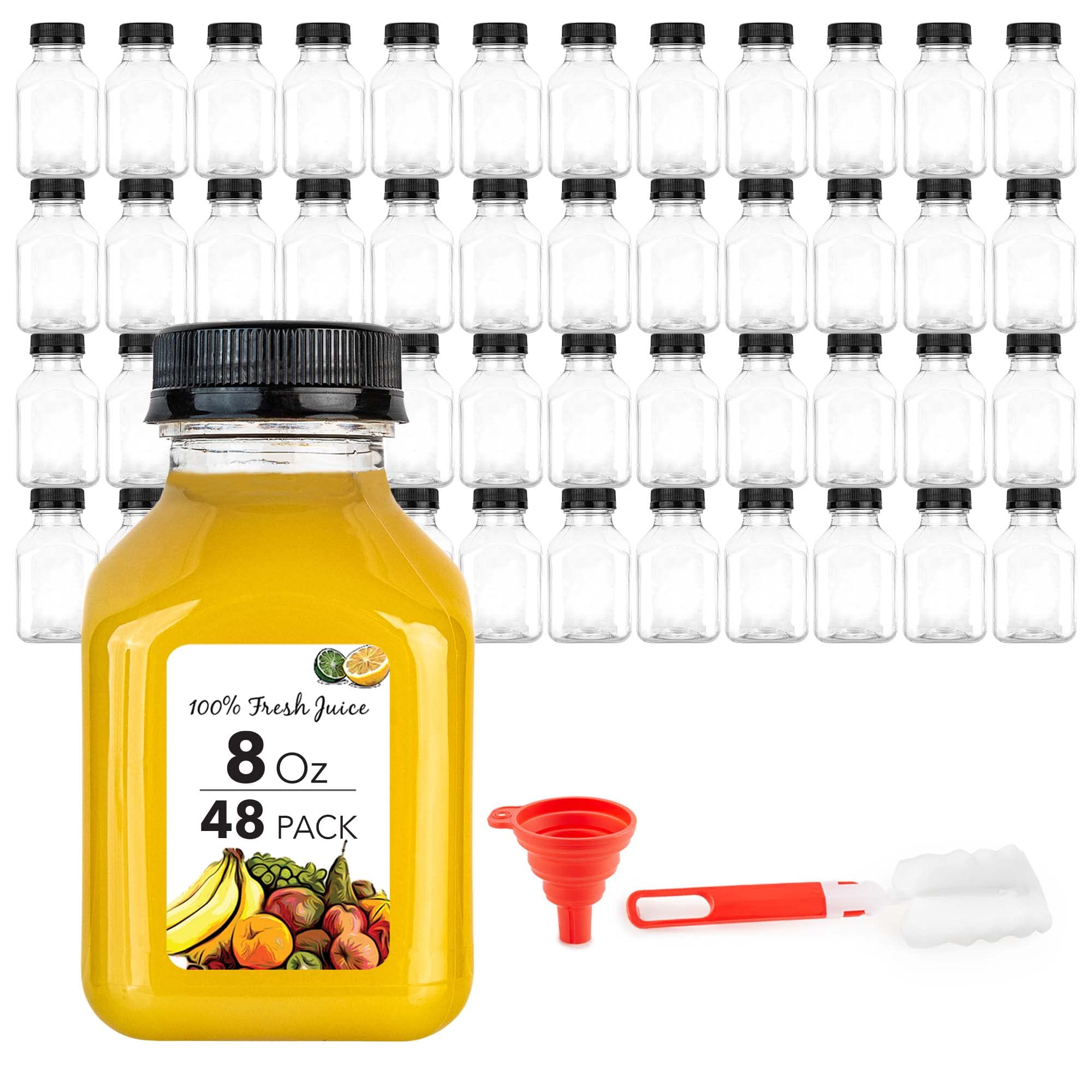 48 Pack 8 oz Reusable Plastic Juice Bottles with Lids - Leakproof Drink Containers for Juicing, Smoothies, Shots & Mini Fridge Storage - Includes Labels, Cleaning Brush & Funnel - Perfect for Home, Gym & Office Use
