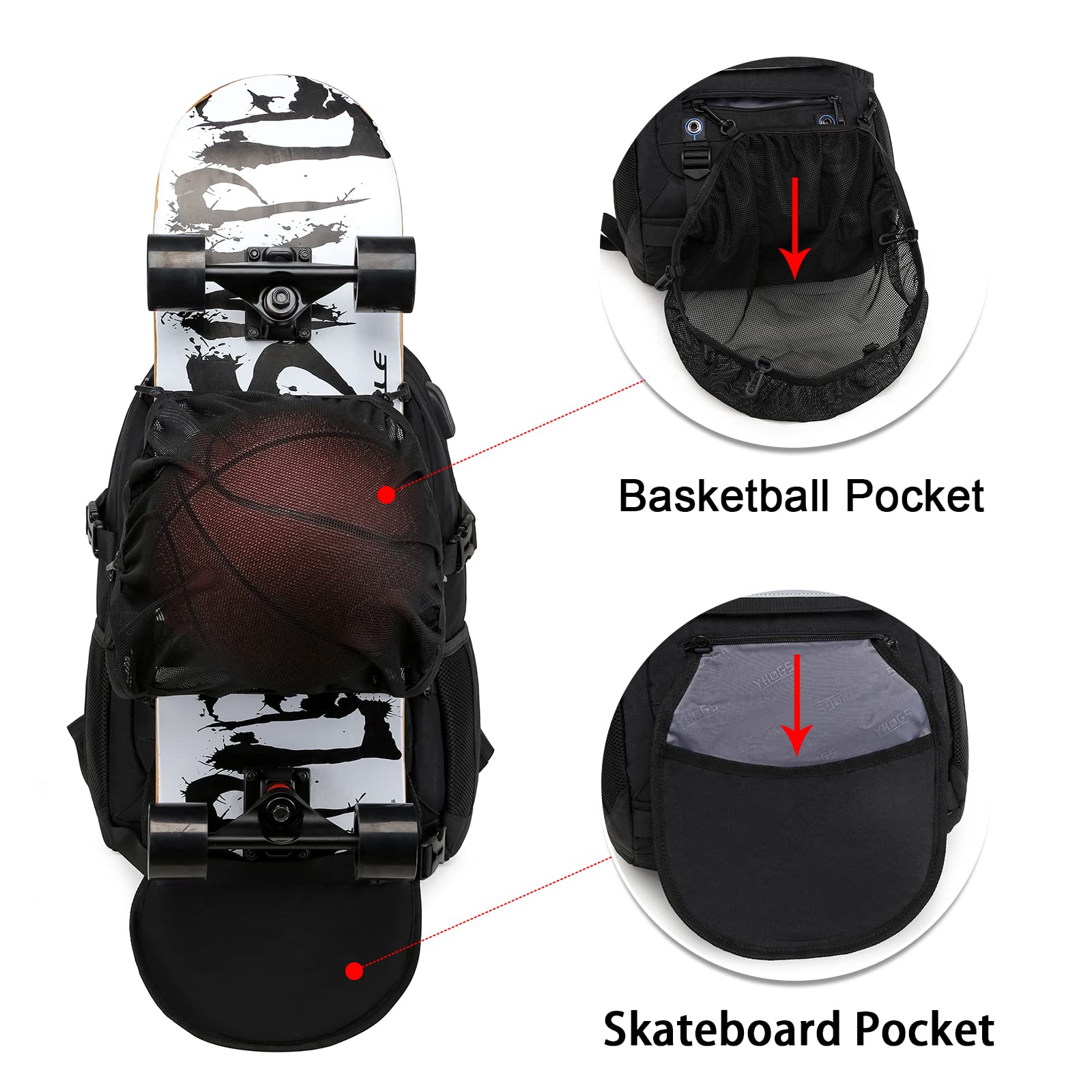Skateboard Backpack for Men - Waterproof Laptop Backpack with USB Charging Port & RFID Anti-Theft Lock - Fits 15.6 Inch Laptop - Perfect for Business Travel, Commuting, and Outdoor Activities (Black)