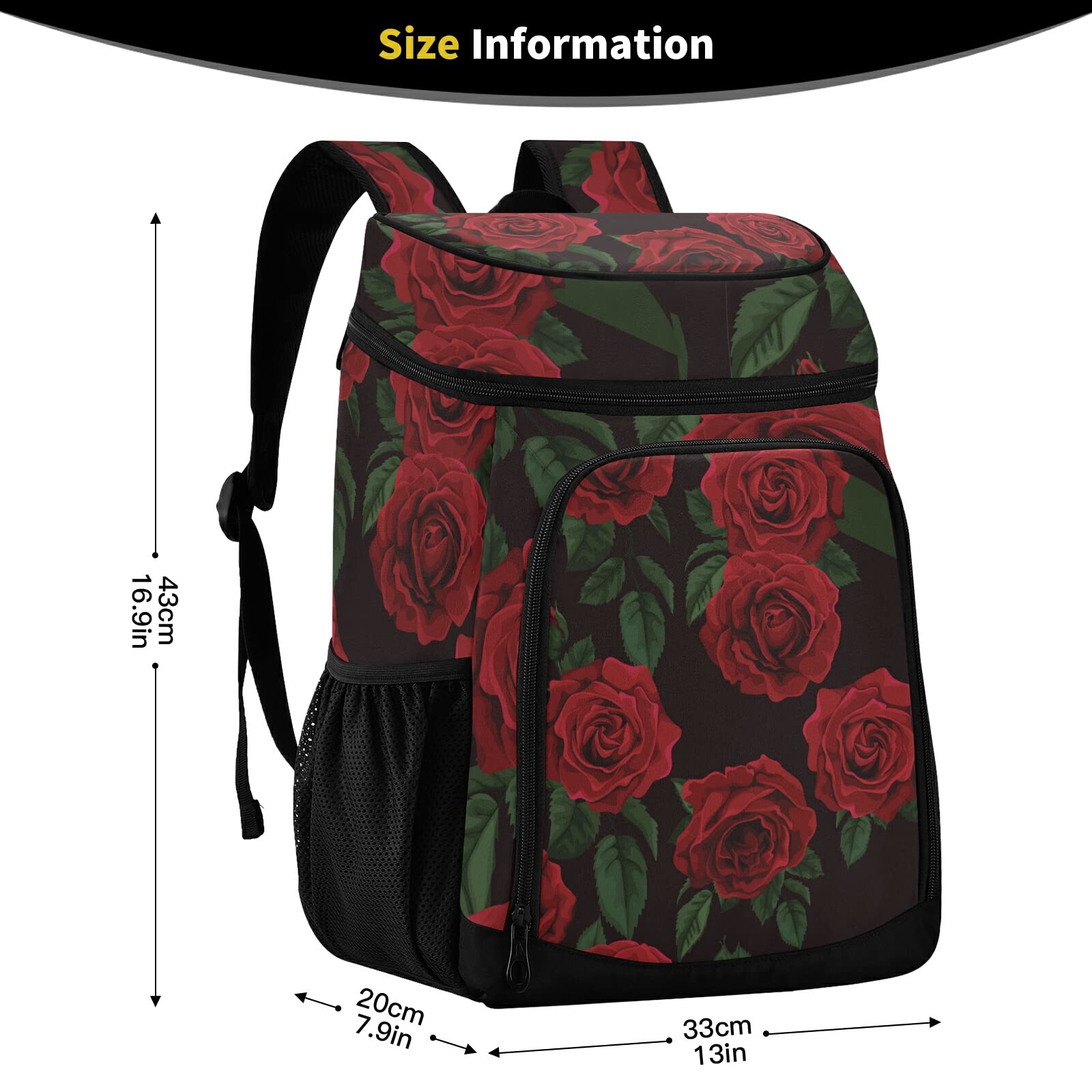 Insulated Leakproof Cooler Backpack for Women & Men - Red Roses Design Picnic Lunch Bag for Work, Hiking, Camping, Beach | Perfect for Outdoor Activities, Travel & Daily Commute