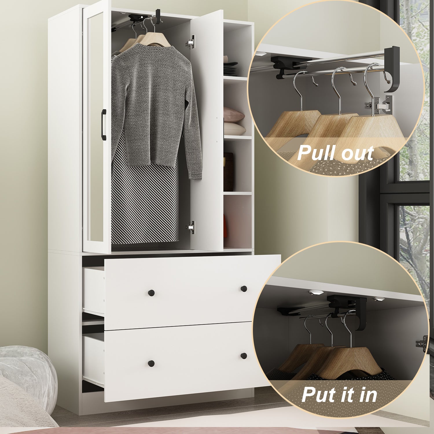 2 Door 2 Drawer Wardrobe Closet with Mirror - Bedroom Storage Organizer for Clothes, Shoes & Accessories | Perfect for Small Spaces & Apartment Living