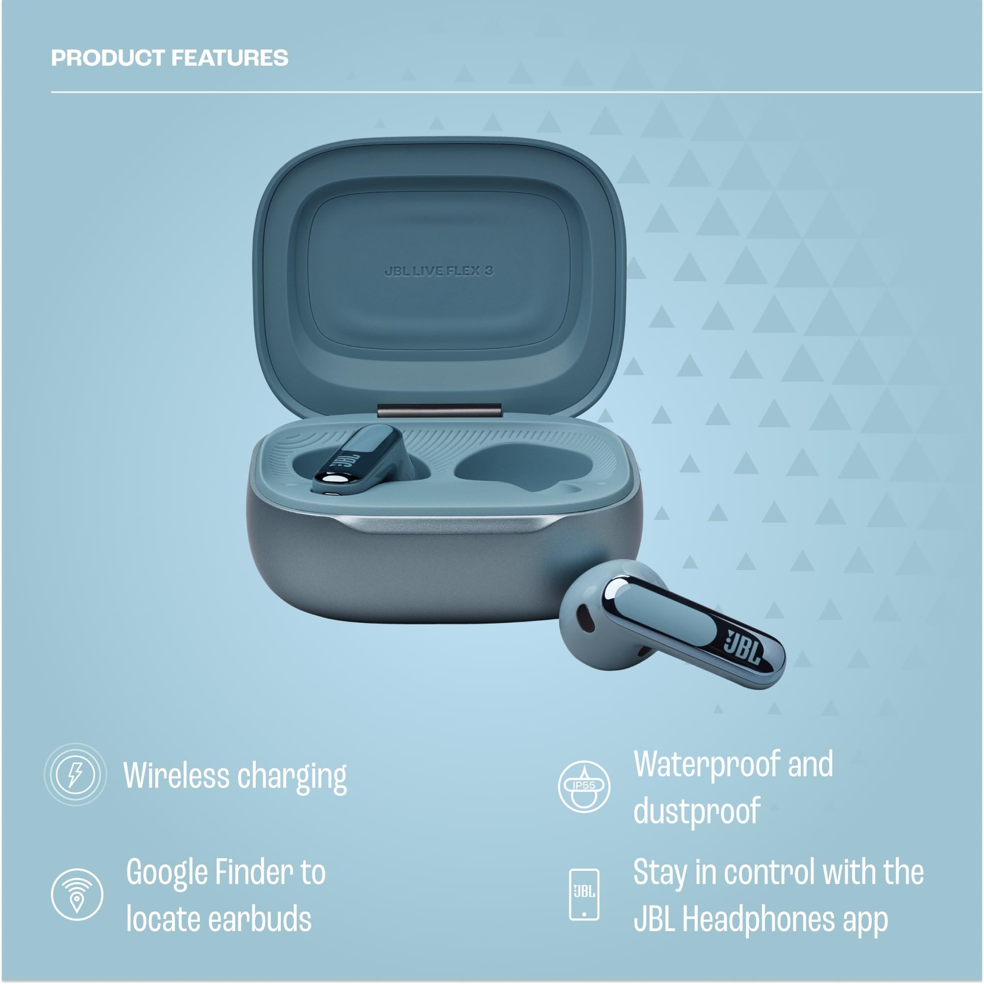 JBL Live Flex 3 Wireless Bluetooth Earbuds - 50H Battery, True Adaptive Noise Cancelling, Hi-Res Audio, IP54 Waterproof, Open-Back Stick Design (Blue) | Perfect for Gym, Commuting & Travel