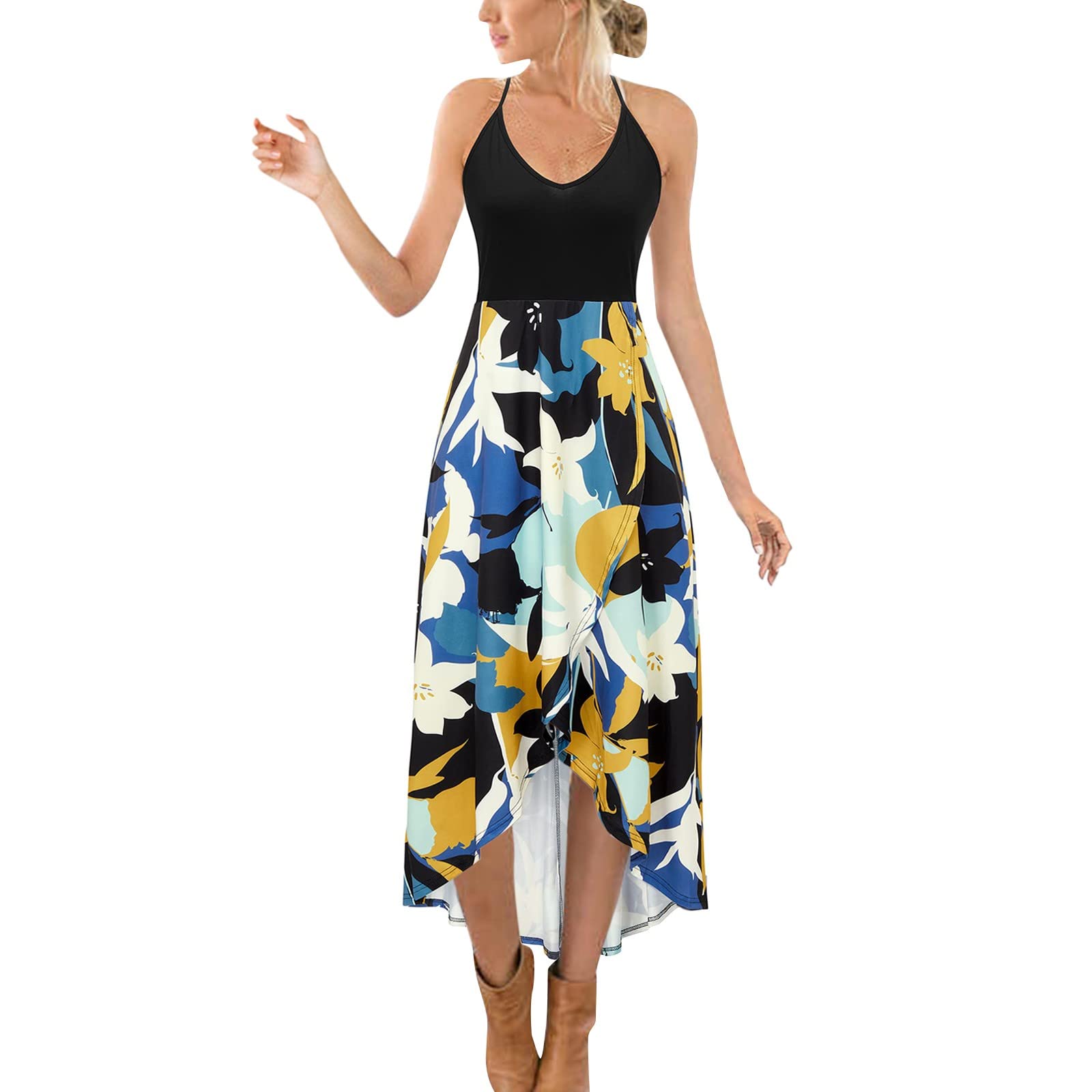 Women's Floral Print Sundress - V Neck Short Sleeve Beach Dress with Side Slit & Asymmetrical Hem for Summer Vacation, Pool Party, and Casual Outings