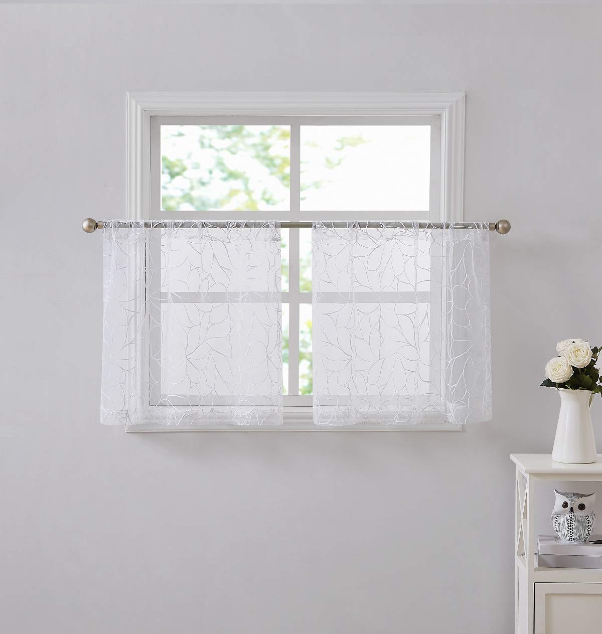 30 x 24 Inch White Short Kitchen Curtains Pair - Boho Cafe Style Window Treatments for RV, Basement & Bathroom | Light Filtering Tiered Curtains with White Thread