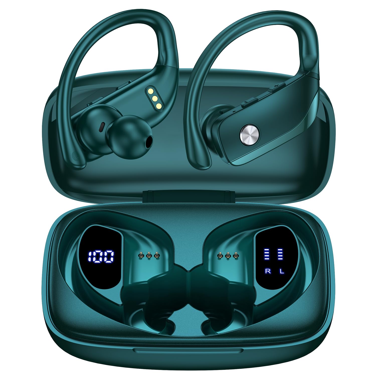 Bmanl Wireless Bluetooth Earbuds - 48H Playback Sports Headphones with LED Display, Earhooks & Built-in Mic - Perfect for Workout, Running & Gym - Green
