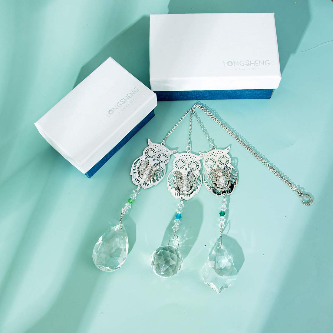 Premium Set of 3 Crystal Ball Prisms - Sun Catcher Hanging Ornament & Rainbow Maker for Windows, Home Decor - Owl Garden Decoration - Perfect for Living Room, Bedroom & Outdoor Spaces (Longsheng Since 2001)