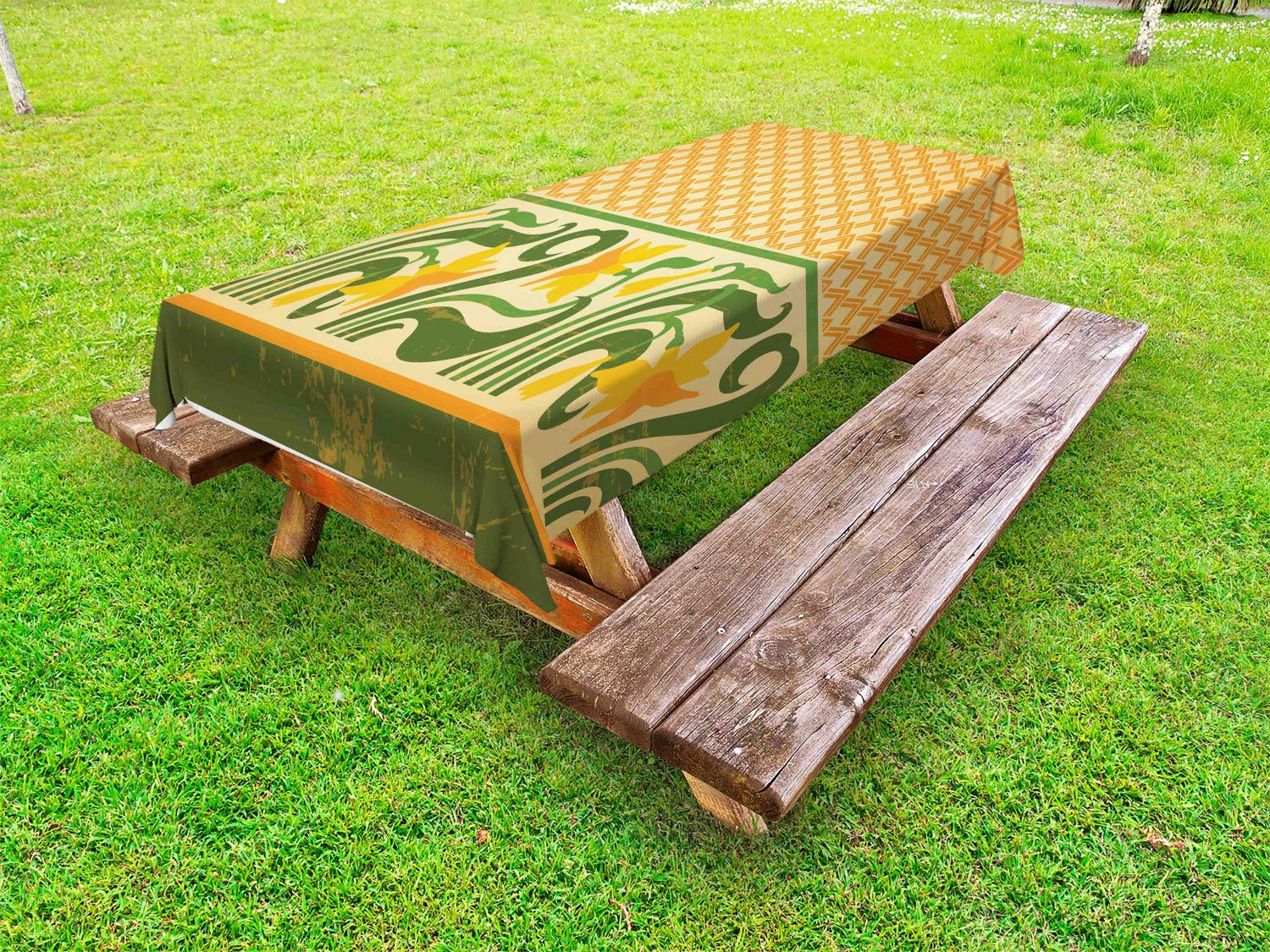 Ambesonne Art Nouveau Outdoor Tablecloth - Washable Picnic Table Cover with Geometric Pattern & Exotic Daffodil Floral Border, 58x84 Inches, Orange Yellow Green - Perfect for Garden Parties, BBQs, and Outdoor Dining