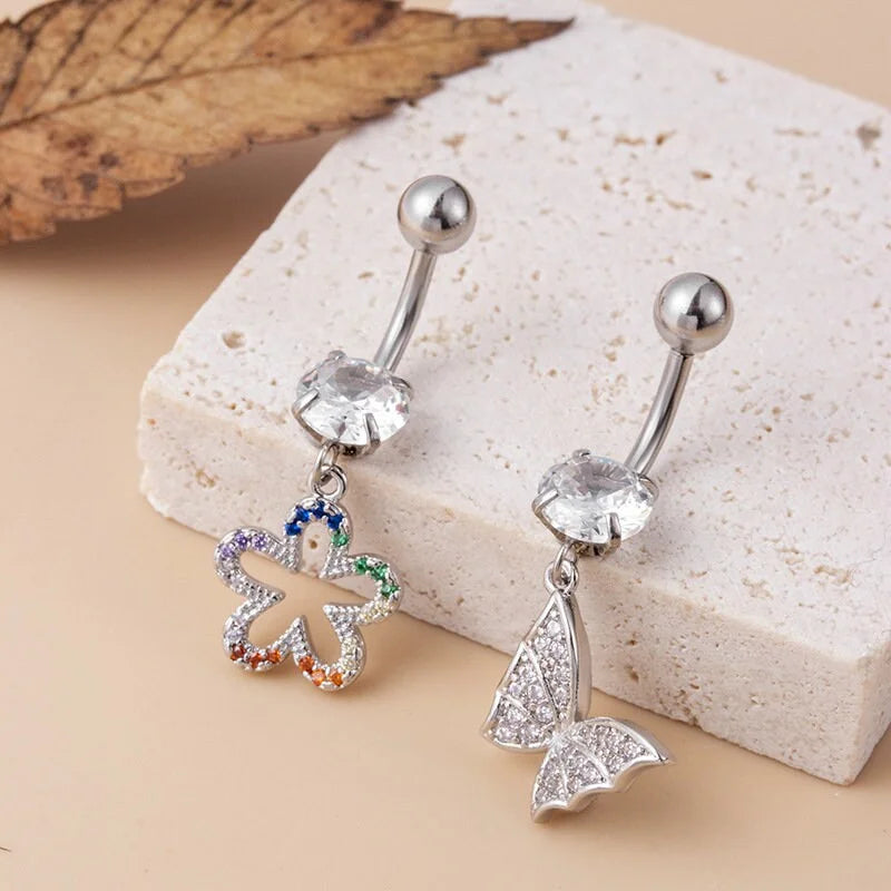 14G Hypoallergenic Flower Feather Belly Button Ring - Surgical Steel Navel Piercing Jewelry for Women | Perfect for Summer Beach, Pool Parties & Boho Fashion