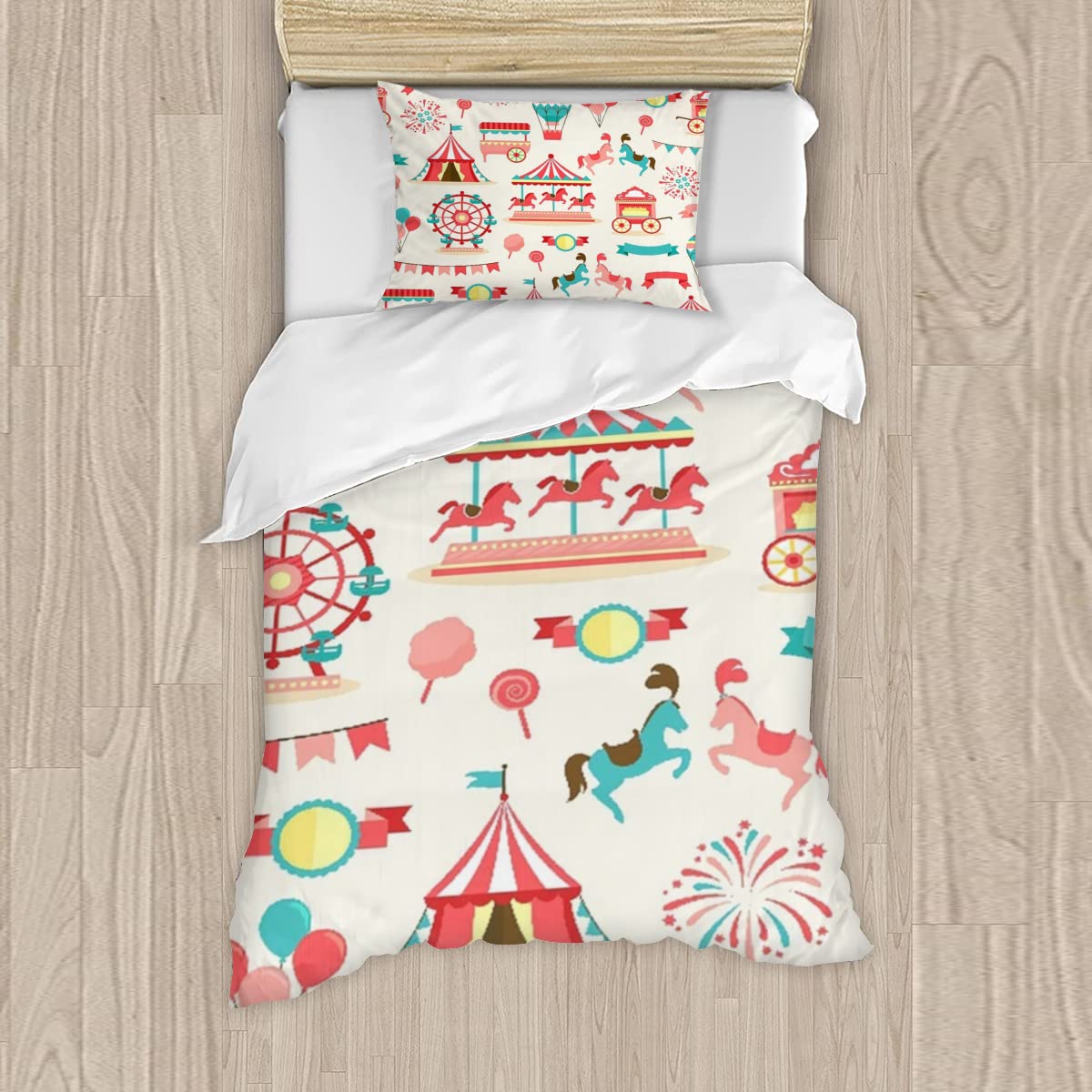 3-Piece Quilt Set (1 Quilt + 2 Pillow Shams) - Vintage Pink Circus Horses Pattern with Carnival Red Carousel Wheels - Soft Breathable Microfiber for Twin/Single Bed (39x75 inches) - Perfect for Kids' Rooms, Guest Bedrooms & Cozy Dorm Decor