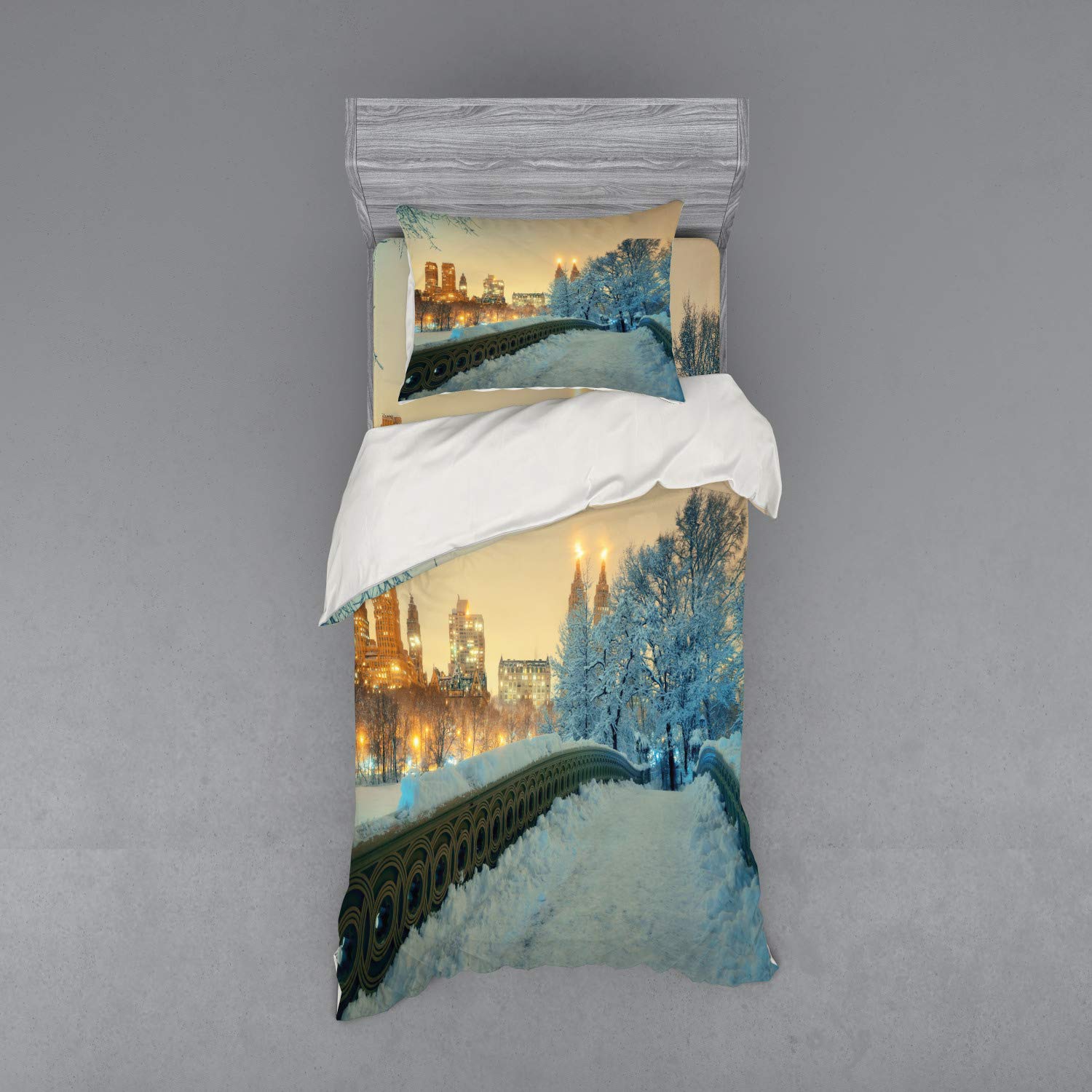 Ambesonne Winter Duvet Cover Set - Central Park Winter Skyscrapers & Snow Bow Bridge Manhattan New York - 3 Piece Bedding Set with Pillow Sham & Fitted Sheet - Twin XL Size - Orange White Olive Green - Cozy Winter Bedroom Decor for NYC Themed Rooms & Holiday Home Styling