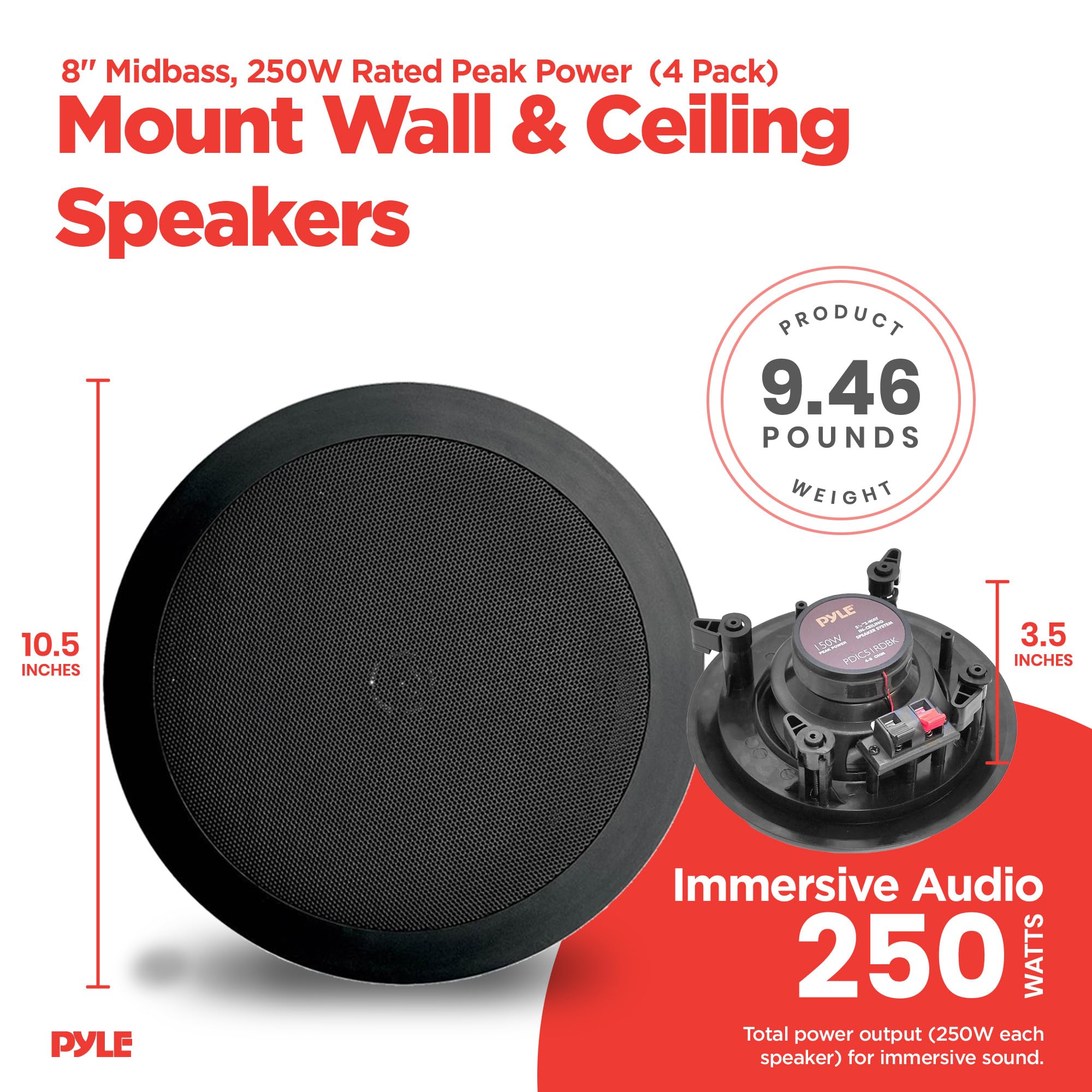 Pyle PDIC81RDBK 8 Inch 250W Flush Mount In-Wall & In-Ceiling Black Speakers - 2 Way Stereo Sound for Home Theater, Surround Sound & Custom Installations - Set of 4