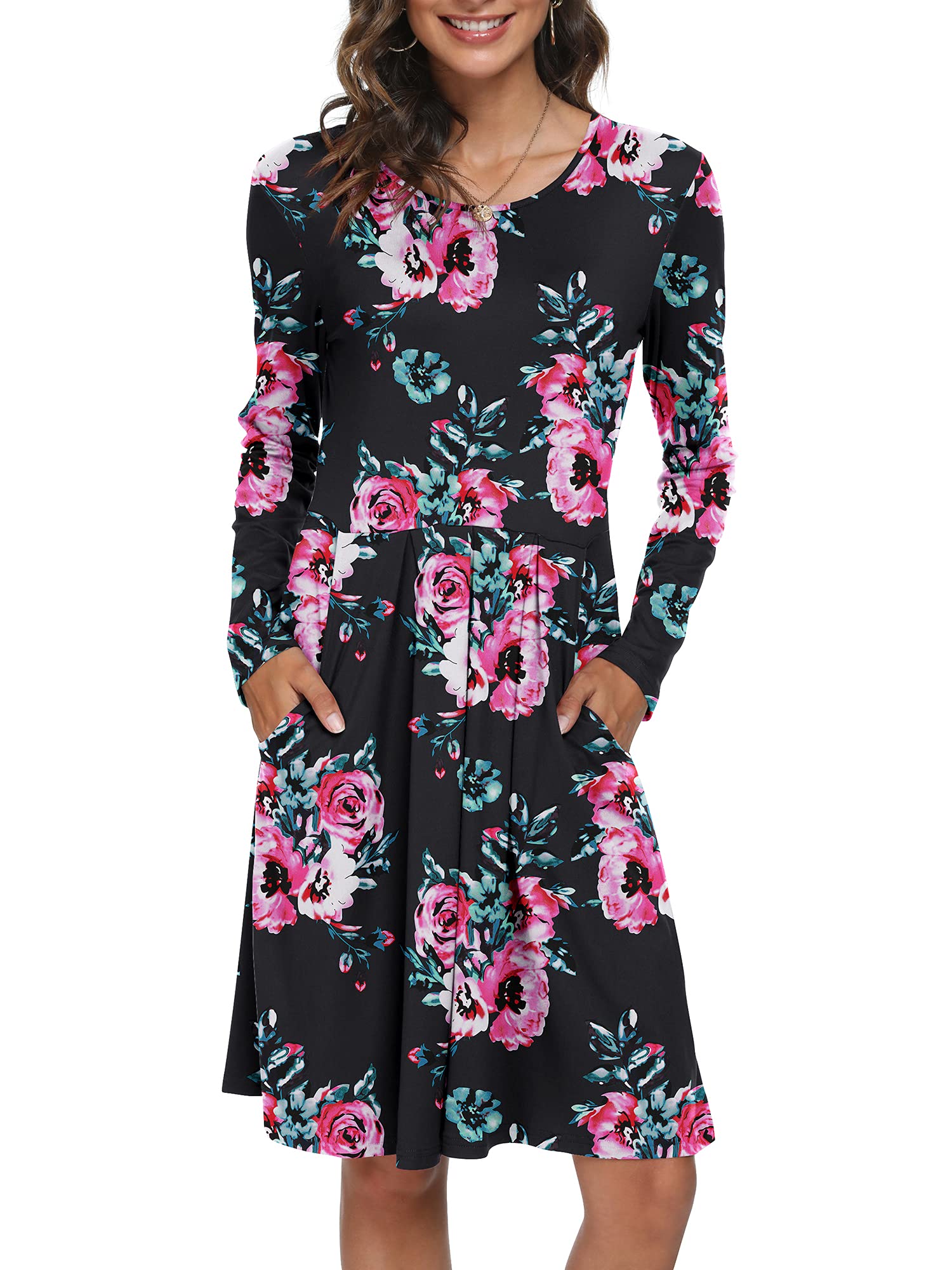 DouBCQ Women's Casual Long Sleeve Flowy Pleated Dress with Pockets - Elegant Fall Midi Dress for Work, Date Night & Autumn Outings