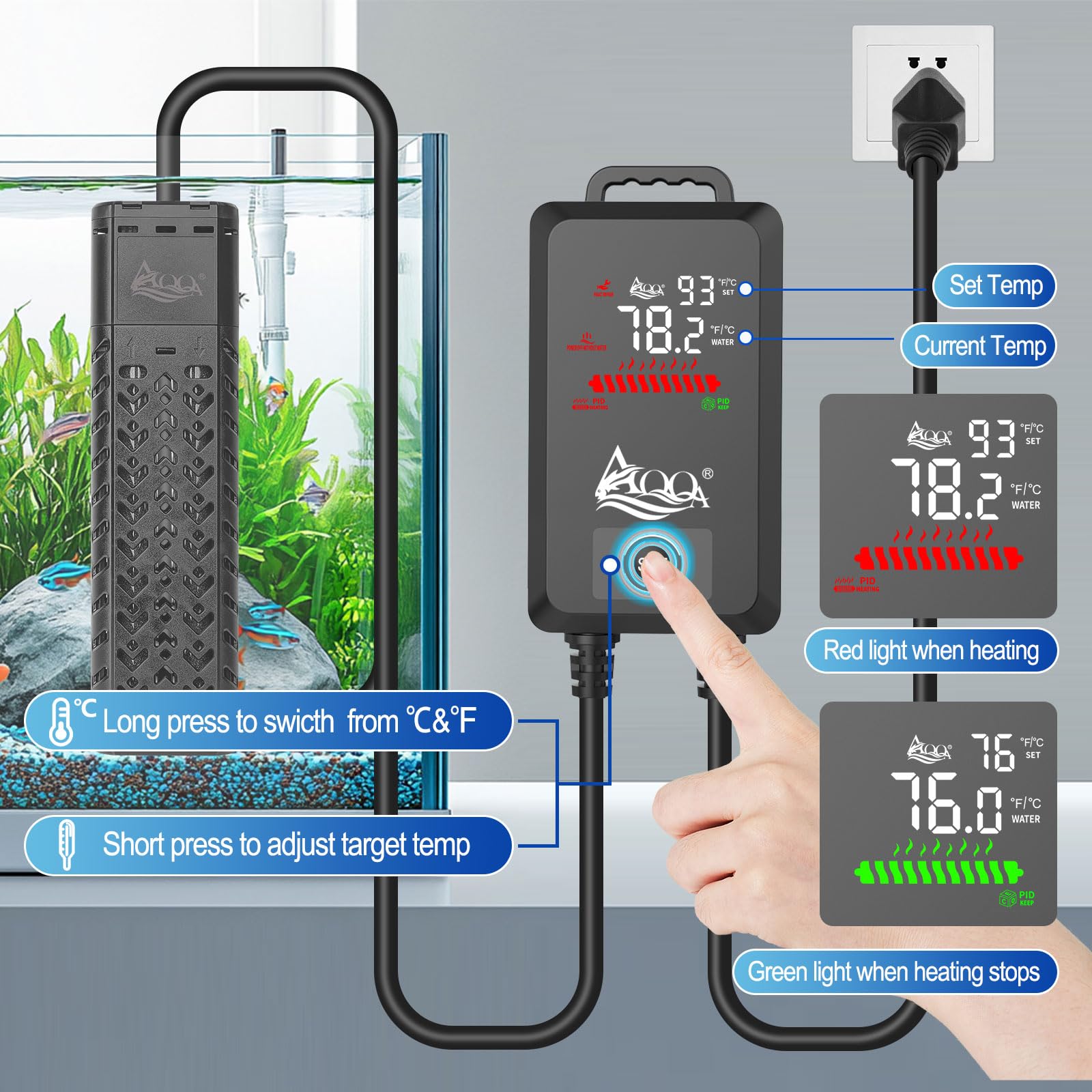 AQQA 1200W Submersible Aquarium Heater for 170-290 Gallon Fish Tanks & Ponds - Thermostat Controlled with Intelligent Protection System for Freshwater & Saltwater (AQ136-1200W) - Perfect for Large Home Aquariums, Koi Ponds & Marine Tanks