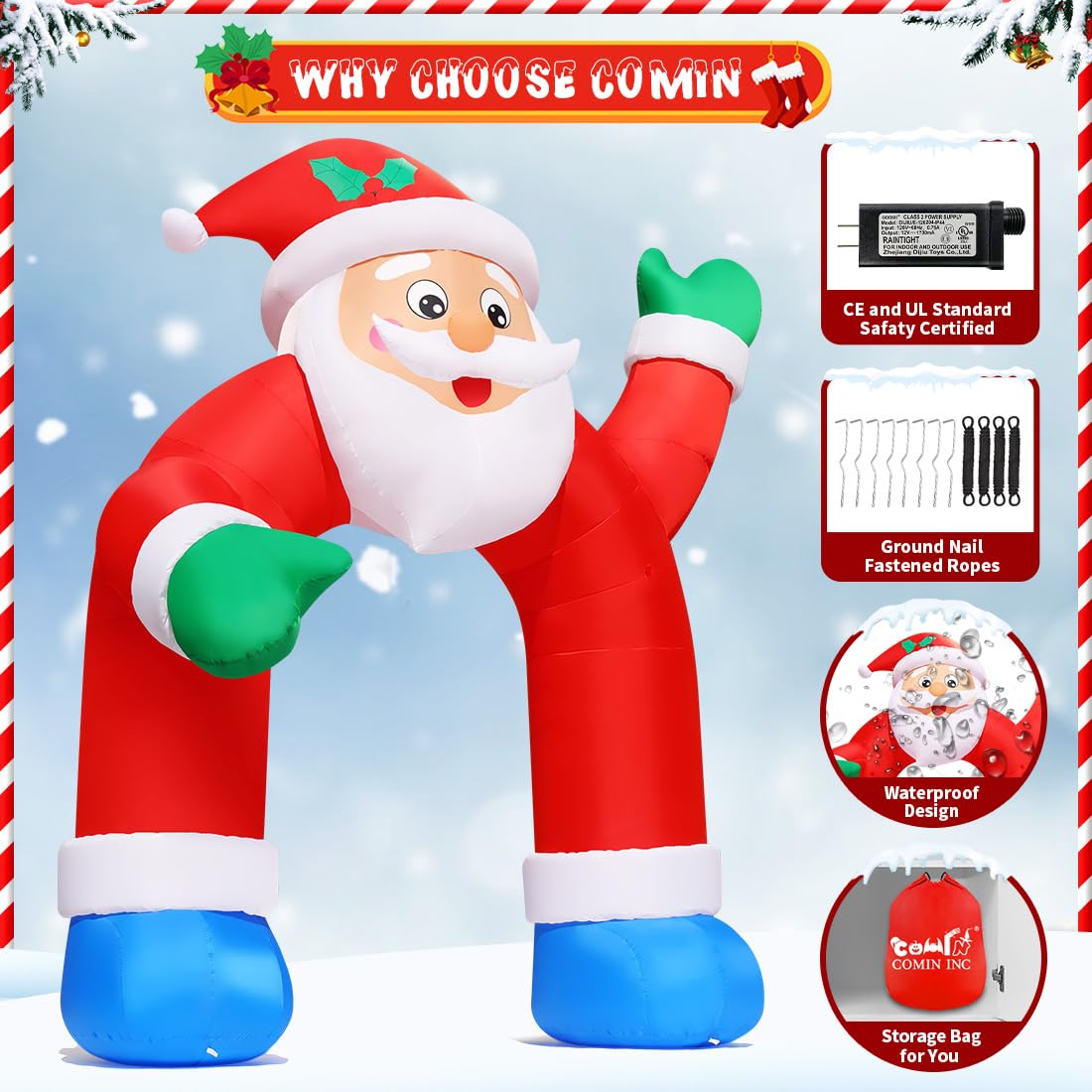 COMIN 11.8 FT Christmas Inflatable Santa Claus Arch with Built-in LED Lights - Outdoor/Indoor Holiday Yard Decoration for Xmas Party, Lawn & Garden Decor | Perfect for Front Yard Displays, Holiday Gatherings & Seasonal Festivities