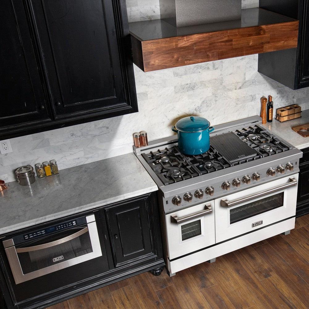 ZLINE 48-Inch 6.0 cu. ft. Dual Fuel Range with 7-Burner Gas Cooktop & 2 Electric Ovens - Satin Stainless Steel & White Matte Doors (RAS WM 48) - Perfect for Large Kitchens, Home Chefs & Entertaining