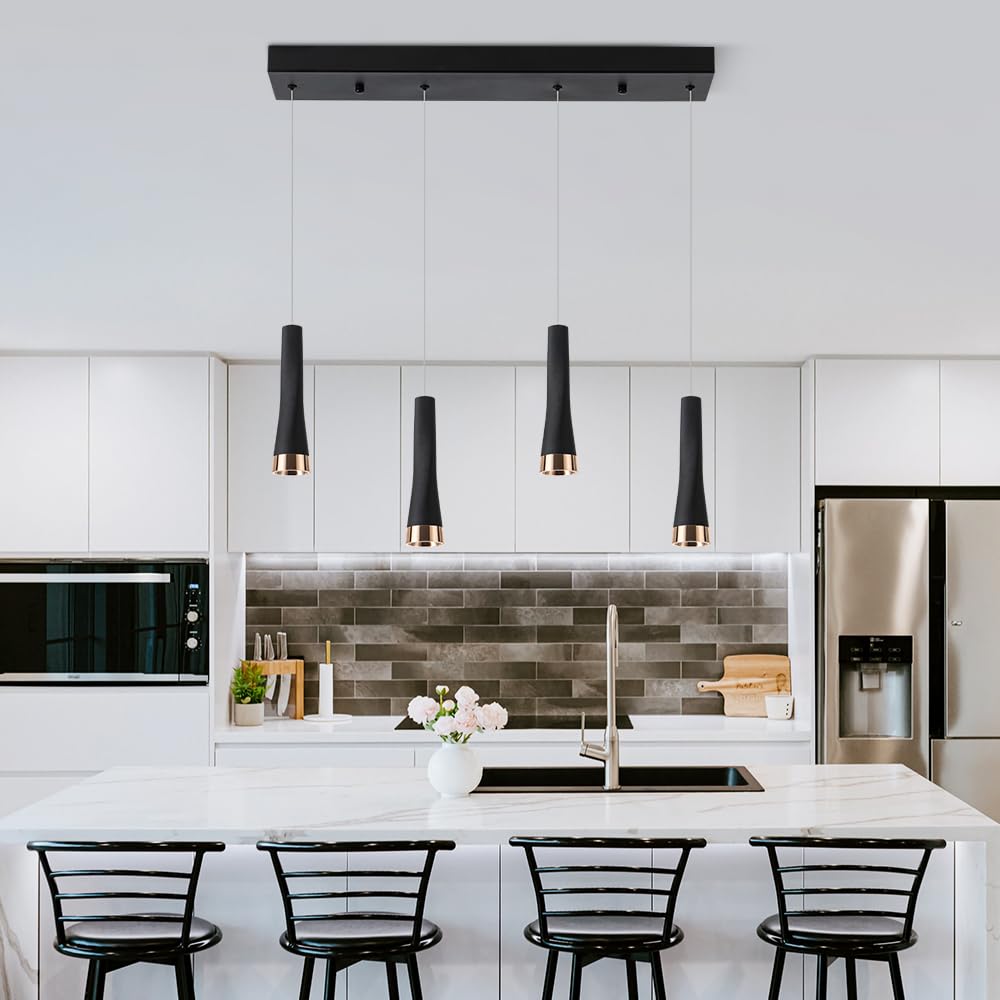 4 Head Adjustable Black Island Pendant Lights - 20W 2500lm Modern Kitchen Lighting Fixture for Dining Room, Office, Living Room & Bedroom - 110V 6000K Cool White - Perfect for Kitchen Islands, Countertops & Workspaces