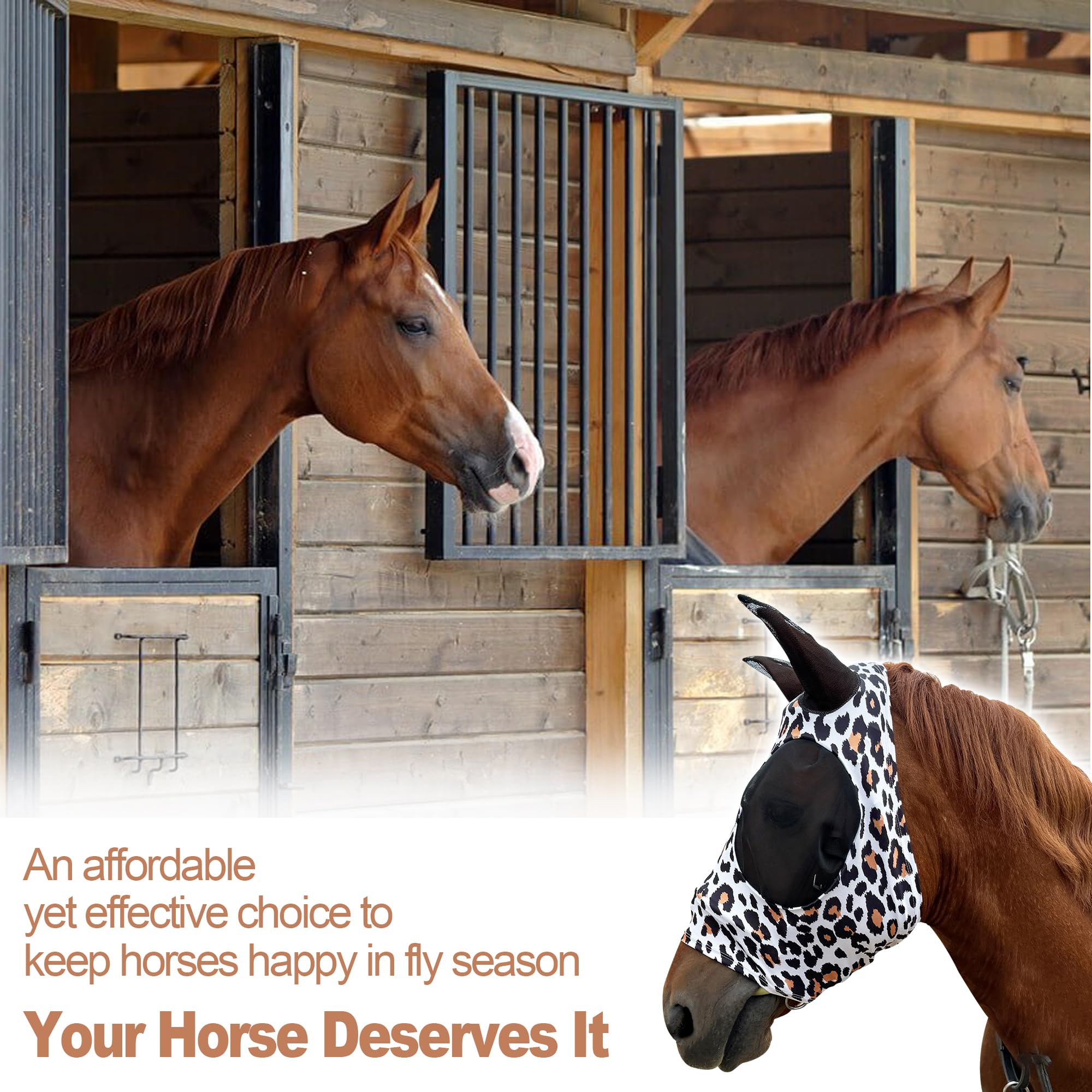 Breathable Horse Fly Mask with Ears - UV Protection Equine Fly Mask for Large Horses, Comfortable Elastic Fabric with Spacious Eye Design - Leopard Print Funny Horse Mask for Riding, Training & Pasture Protection