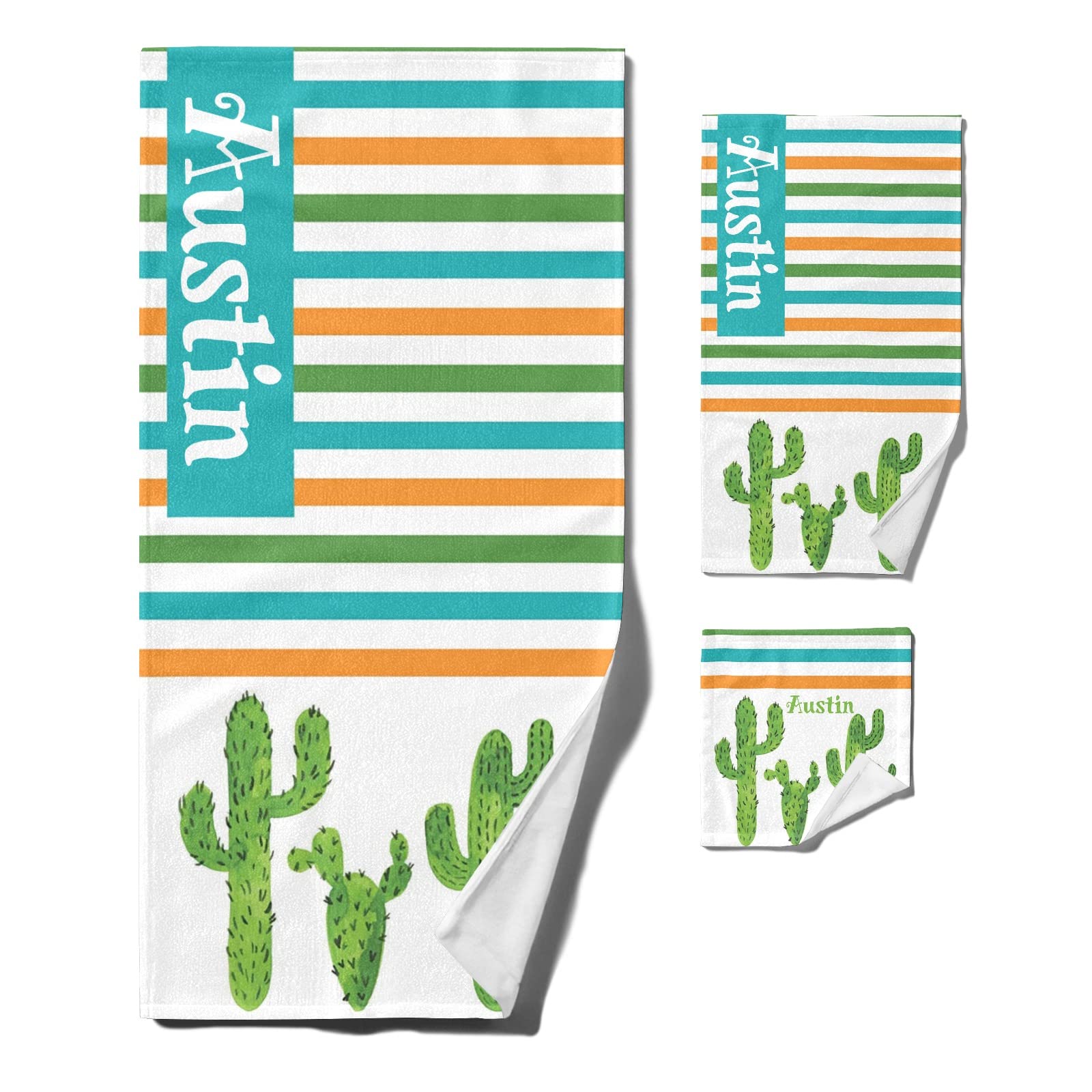 Custom Name Cactus Stripes Beach Towel Set - 3-Piece Quick Dry Bath Towel, Hand Towel & Washcloth for Pool, Beach, Gym & Bathroom Decor - Personalized Gift