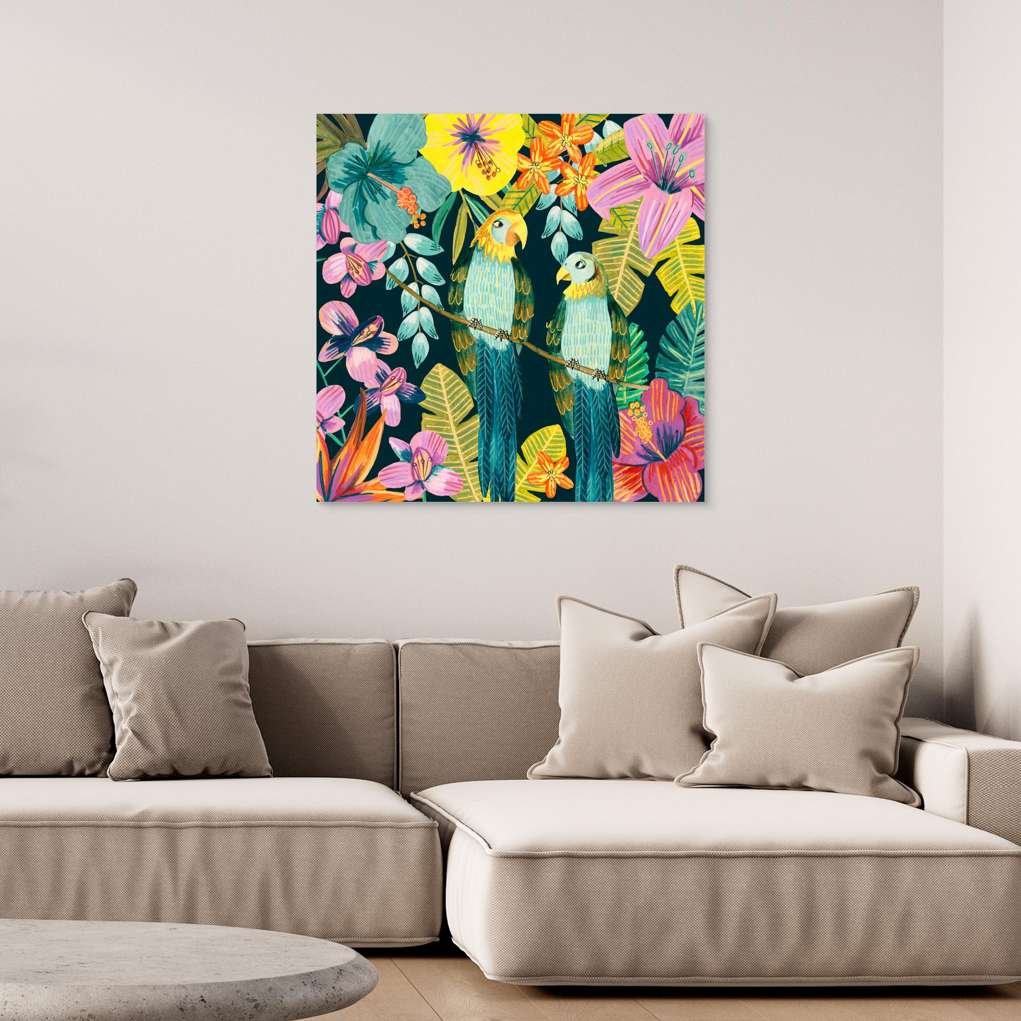Caroline Bonne Müller Tropical Parrots Floral Jungle Canvas Art Print - Vibrant Wall Decor for Living Room, Bedroom & Office