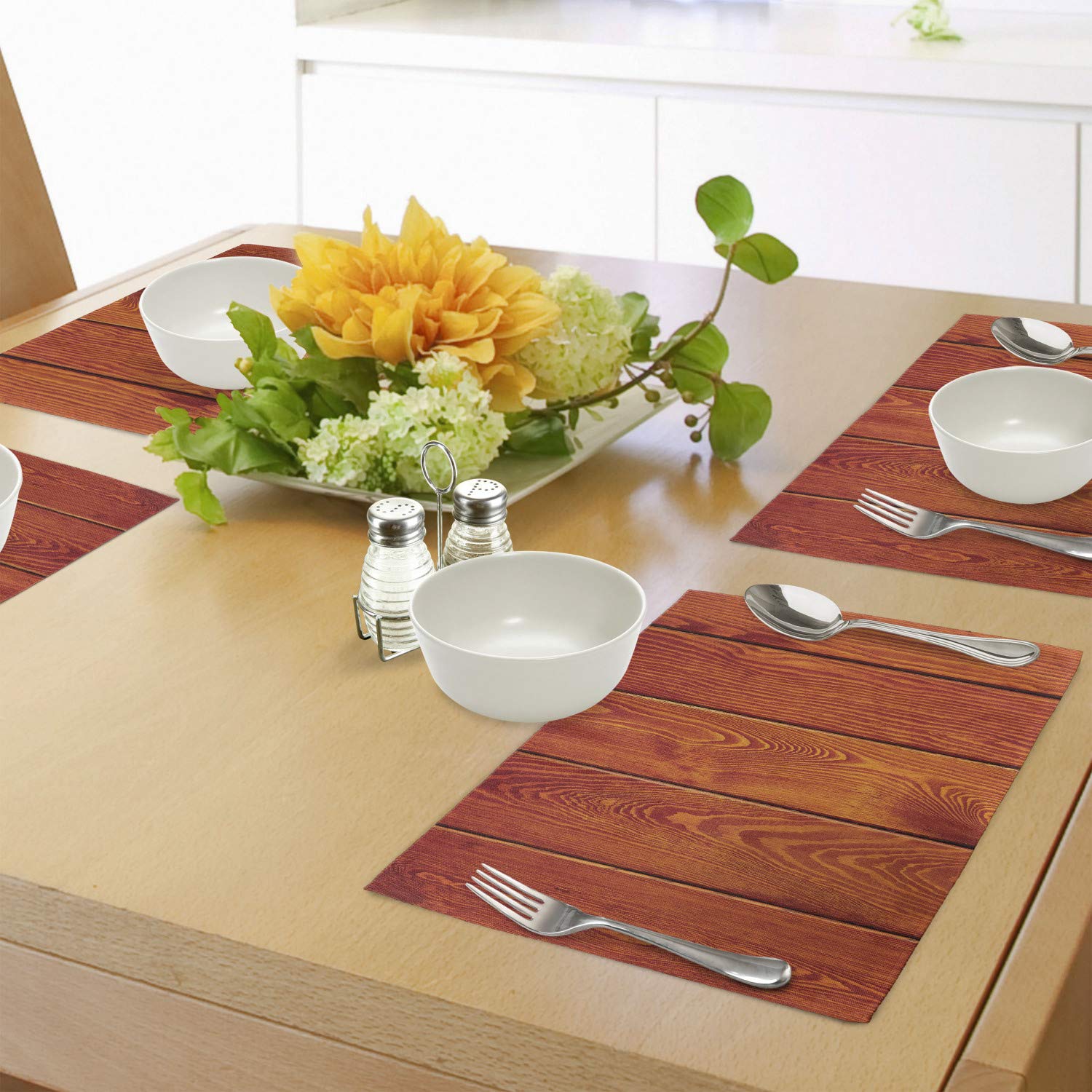 Ambesonne Orange Placemats Set of 4 - Rustic Wooden Texture with Natural Oak Tree Print, Washable Fabric Table Mats for Dining Room & Kitchen Decor (Marigold Orange) - Perfect for Thanksgiving, Fall Decorations, and Farmhouse Style Dining Tables