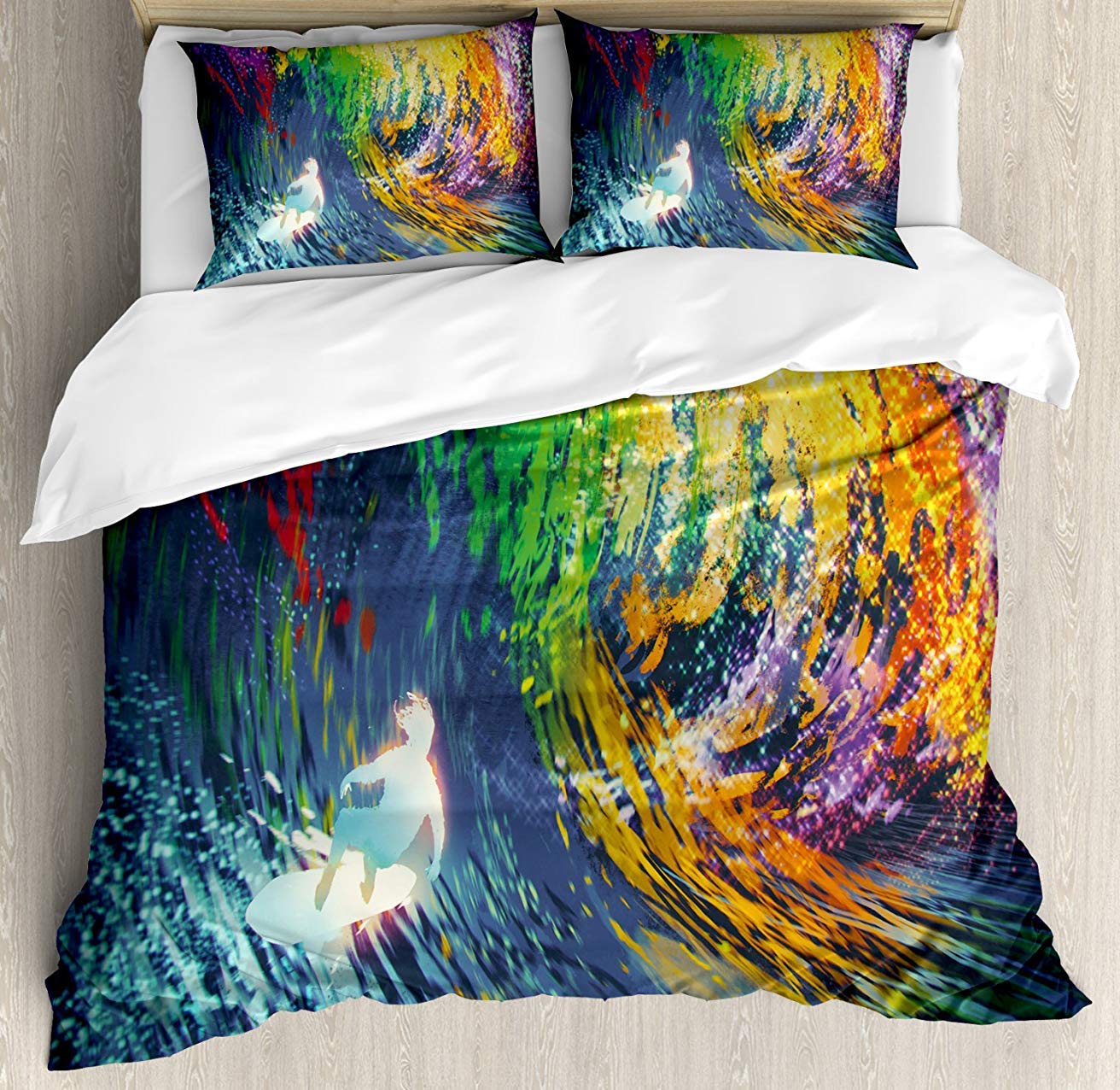 Modern 3-Piece Queen Bedding Set - Soft Comforter Duvet Cover with 2 Decorative Pillowcases | Ocean Wave Surfing Theme | Perfect for Kids, Teens & Adults Bedrooms, Guest Rooms & Dorm Decor