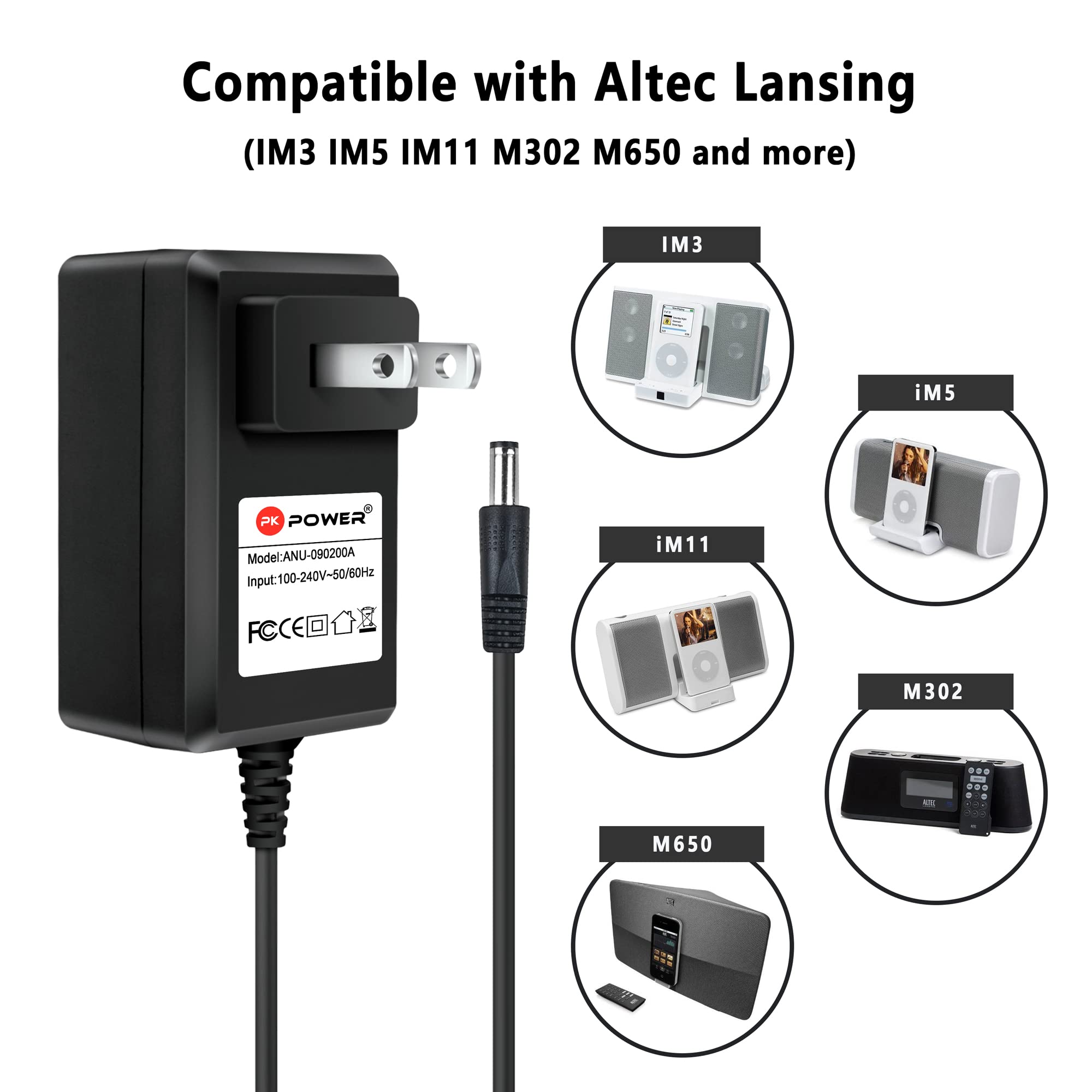 PKPOWER AC Adapter Replacement for Altec Lansing Inmotion iM11/iM2/IM3/IM5/M302/M650/N12424 Speaker Systems - Power Supply Charger for Home & Office Audio Docks