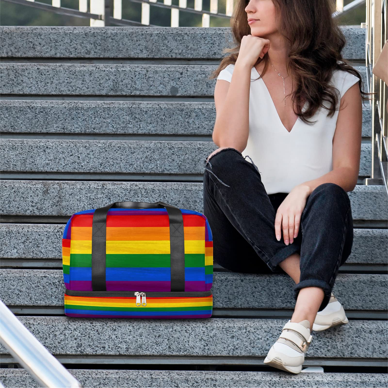 TropicalLife Rainbow Sports Tote Gym Bag with Shoe Compartment - Lightweight LGBT Pride Travel Duffel Bag | Foldable Weekender Luggage for Women & Men | Perfect for Gym, Travel, Beach & Pride Events