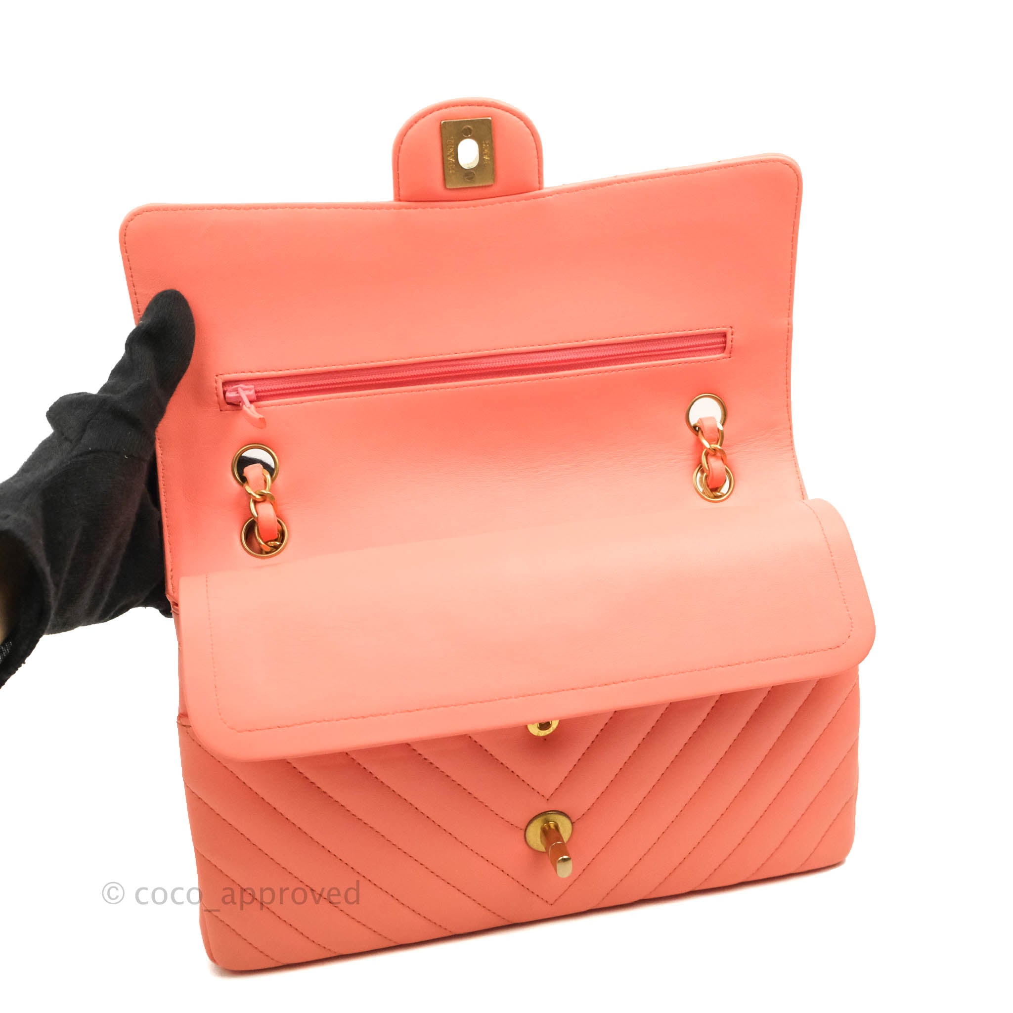 Chanel Classic M/L Medium Chevron Double Flap Bag in Coral Pink Lambskin with Aged Gold Hardware - Luxury Shoulder Bag for Women, Perfect for Parties, Weddings & Special Occasions