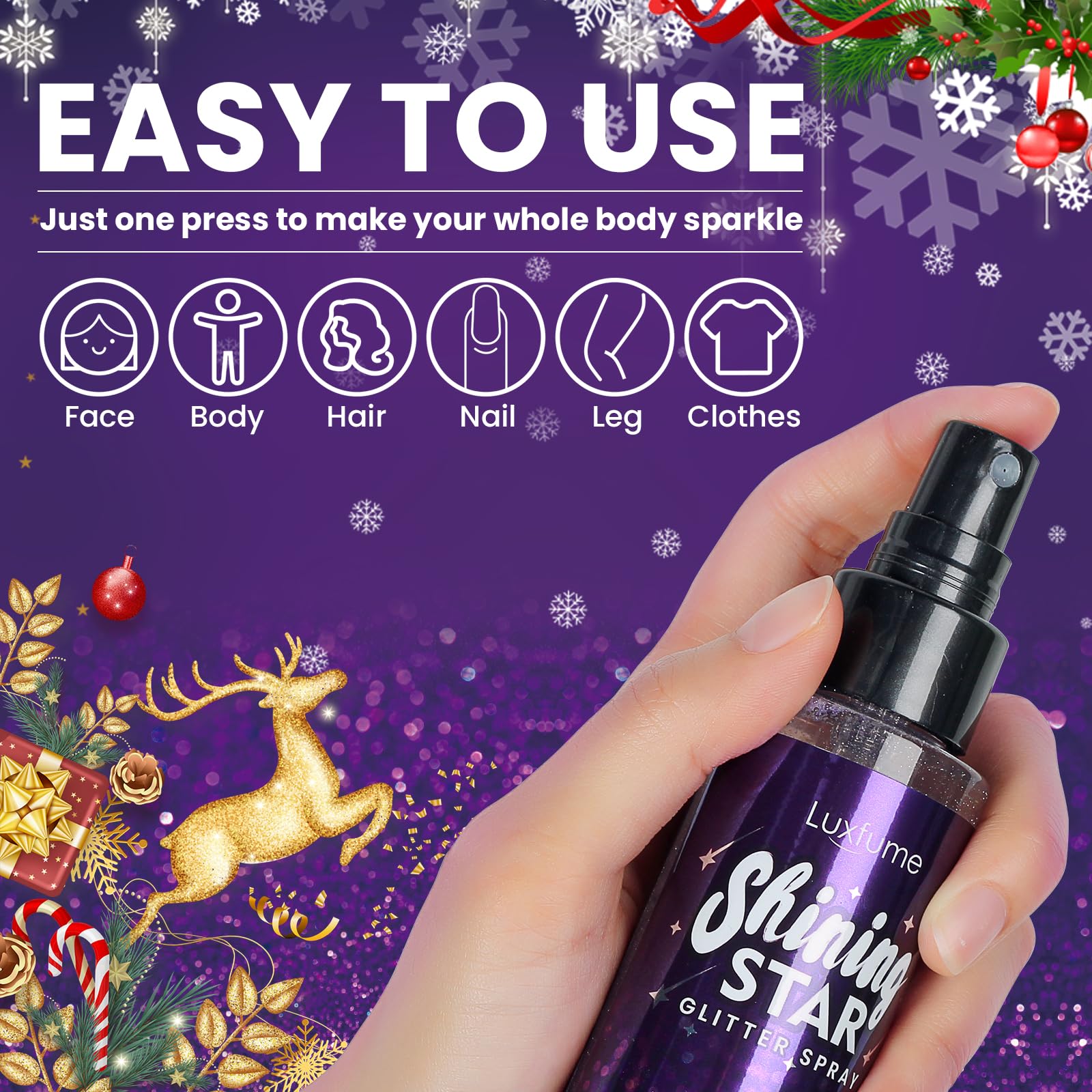 Purple Body Glitter Spray & Hairspray - Quick-Drying, Waterproof, Nozzle-Clog Resistant, Long-Lasting Shine for Stage Makeup, Costumes & Festival Looks (3.38Oz)