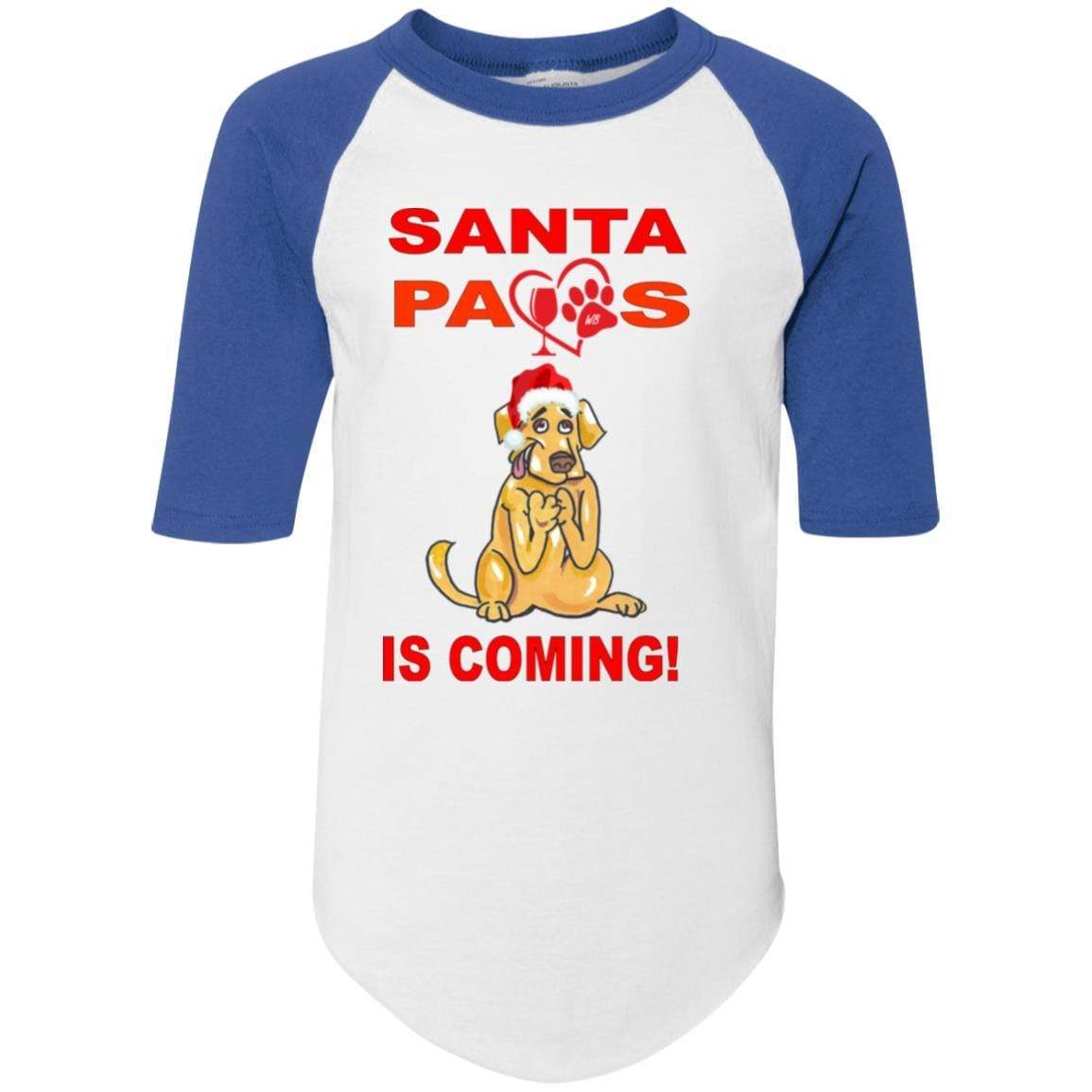 Santa Paws Is Coming - Youth Colorblock Raglan Jersey for Dogs | Christmas Pet Apparel | Holiday Photo Outfits & Festive Dress Up