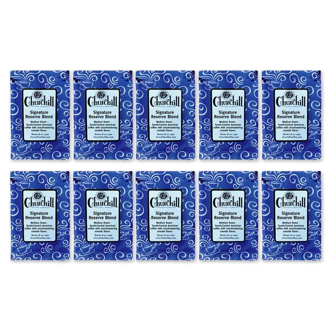 Churchill Coffee Signature Reserve Blend - 10 Portioned Packs (1.5 oz Each) - Premium Ground Unflavored Coffee for Home, Office & Gifts - Perfect for Coffee Lovers & Daily Brewing