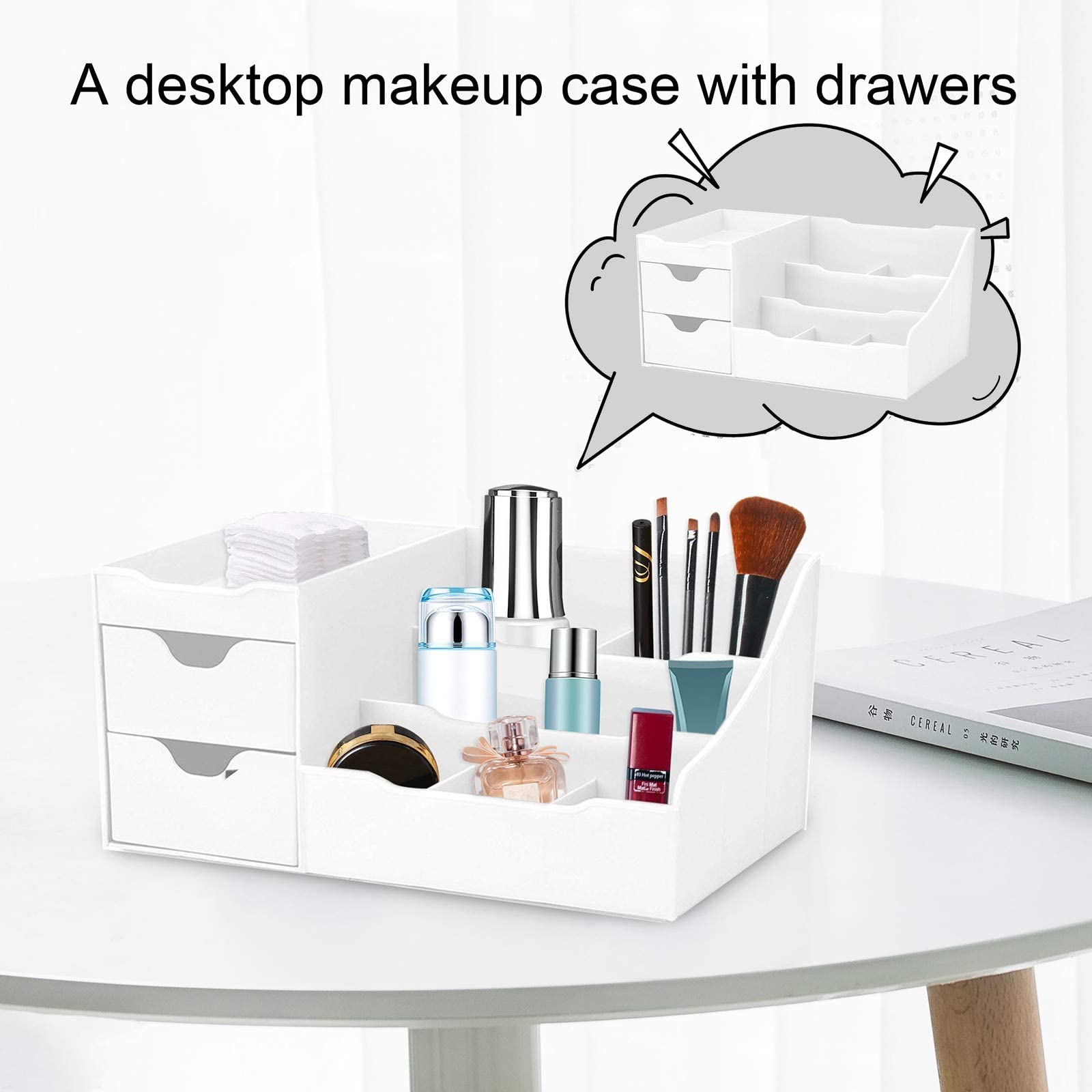 PMUYBHF 5-Tier Makeup Organizer with Drawers - Modern Countertop Cosmetic Storage Box, Vanity Dresser & Nightstand Organizer for Makeup Brushes, Lipsticks, Skincare (White) - Perfect for Bedroom, Bathroom & Dressing Table