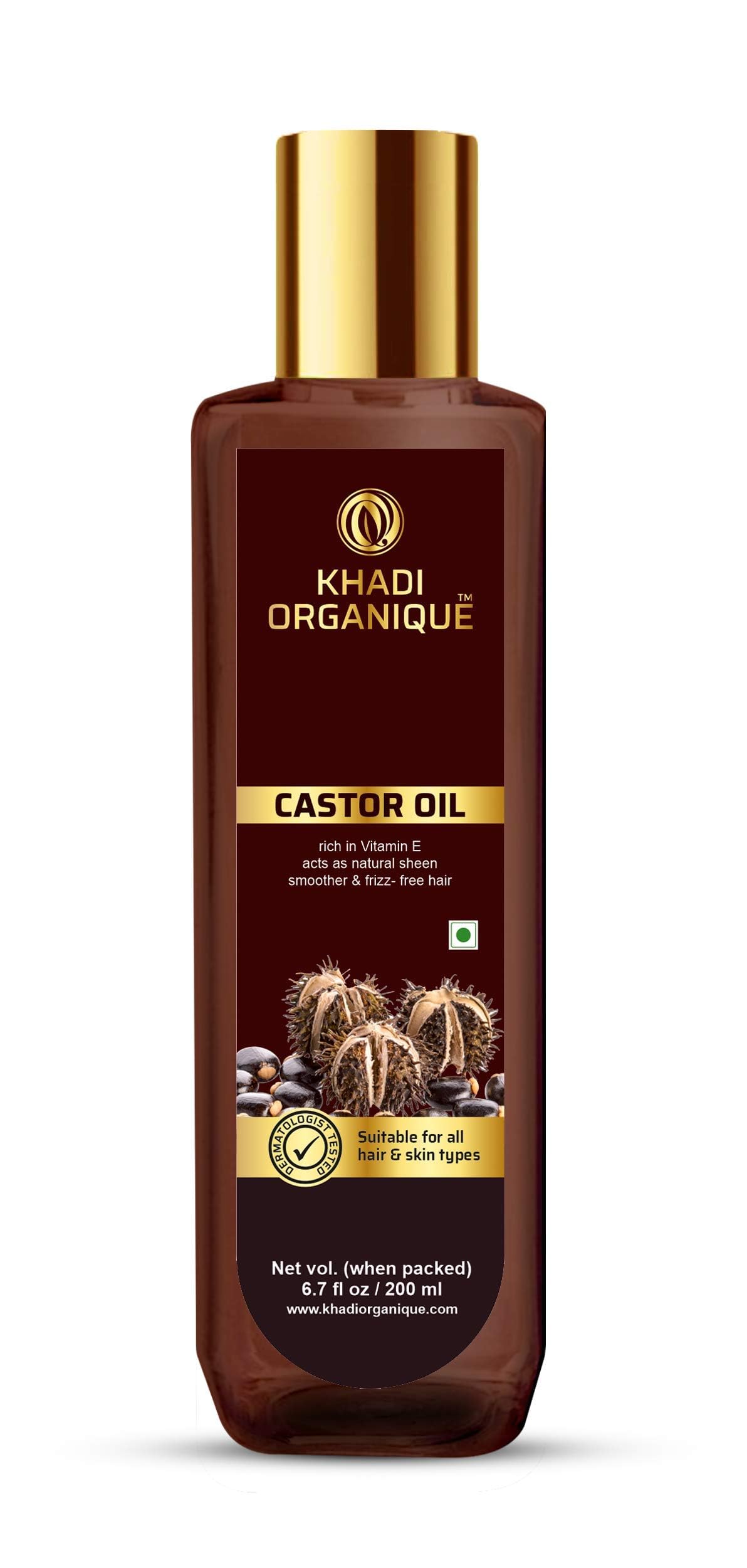 Khadi Organique Cold Pressed Castor Oil - 100% Pure & Virgin Grade for Hair Growth, Skin Care, Eyelashes & Nails | Natural Moisturizer for Dry Skin & Healthy Hair | 200ml | Perfect for Daily Hair Treatment, Skin Hydration & Eyelash Enhancement