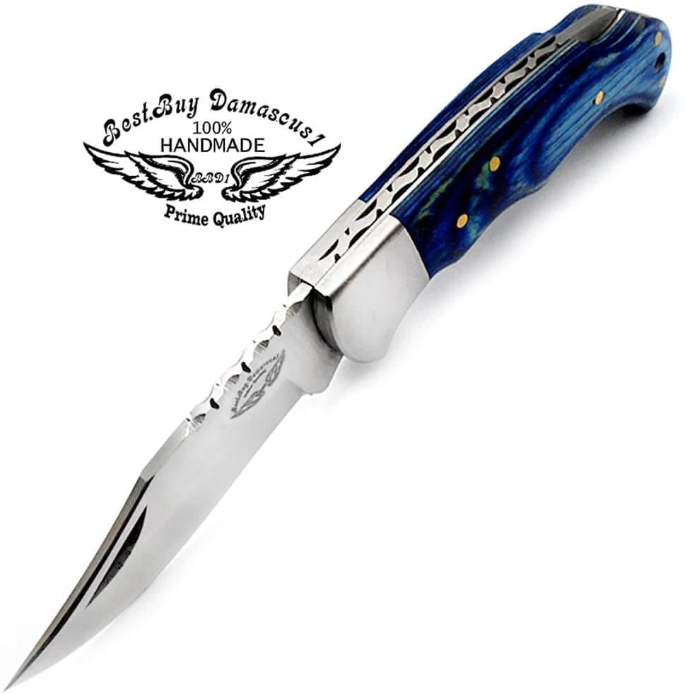 Handmade 6.5 Inch Blue Bolster Wood Pocket Knife Set - Perfect for Camping, Hiking & Outdoor Adventures