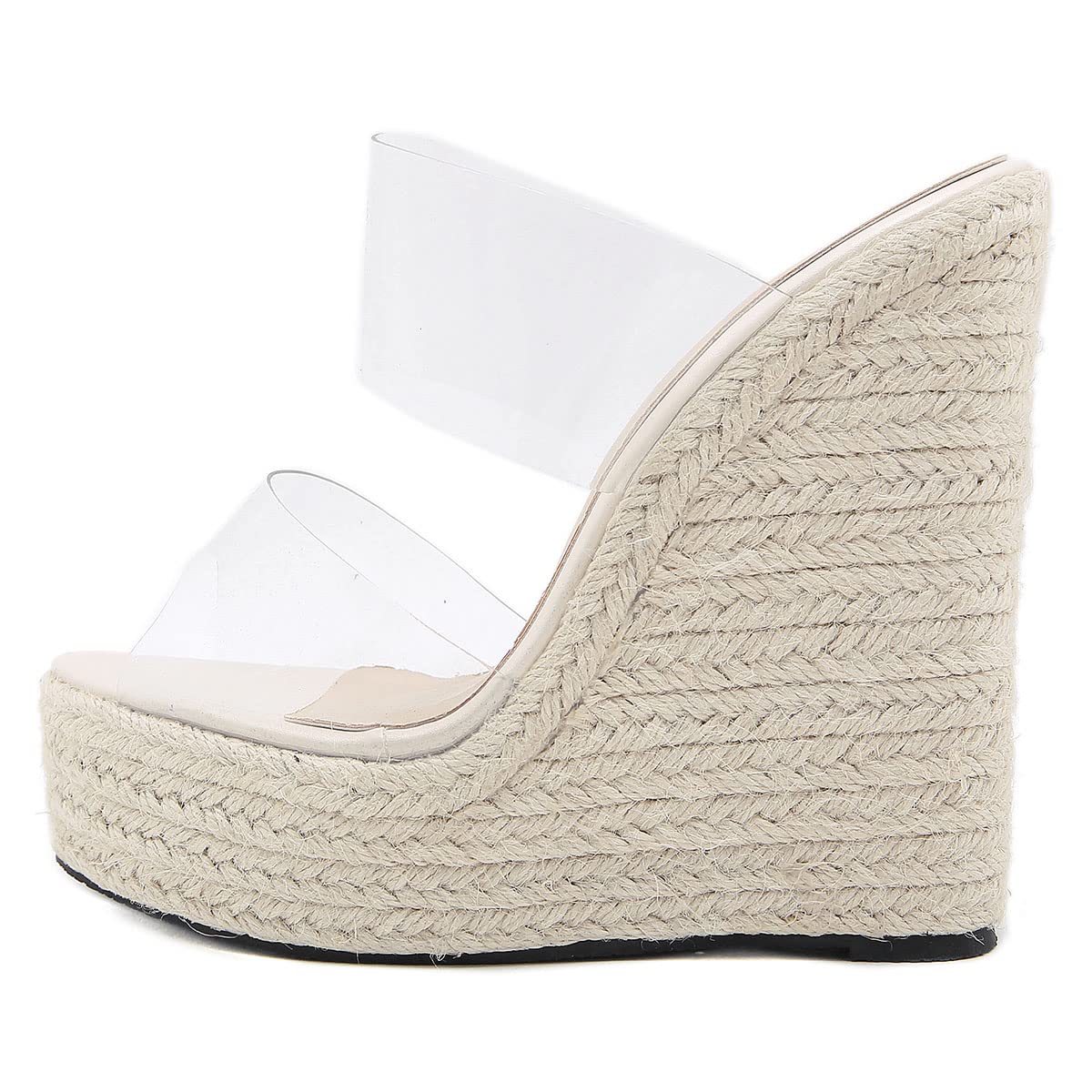 SHEMEE Women's Braided Platform Espadrille Wedge Mules - Peep Toe Slip On High Heel Sandals with Clear Transparent Straps | Summer Beach Wedding Party Casual Outfits