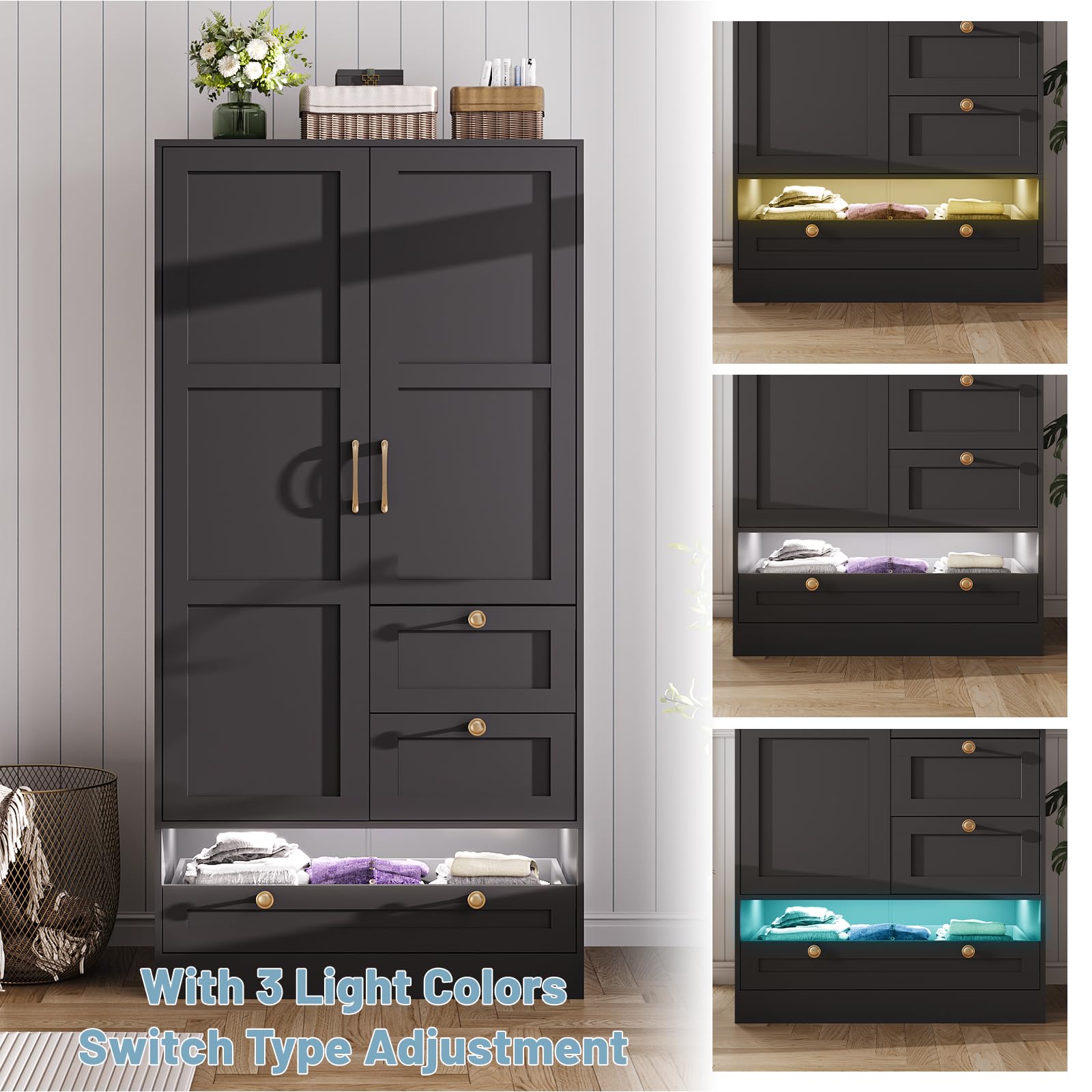 Maupvit 2-Door Armoire Wardrobe Closet with Drawers & LED Lights - Large Capacity Freestanding Storage Cabinet with Hanging Rod - Bedroom Clothes Organizer for Laundry Room & Walk-In Closets - Black