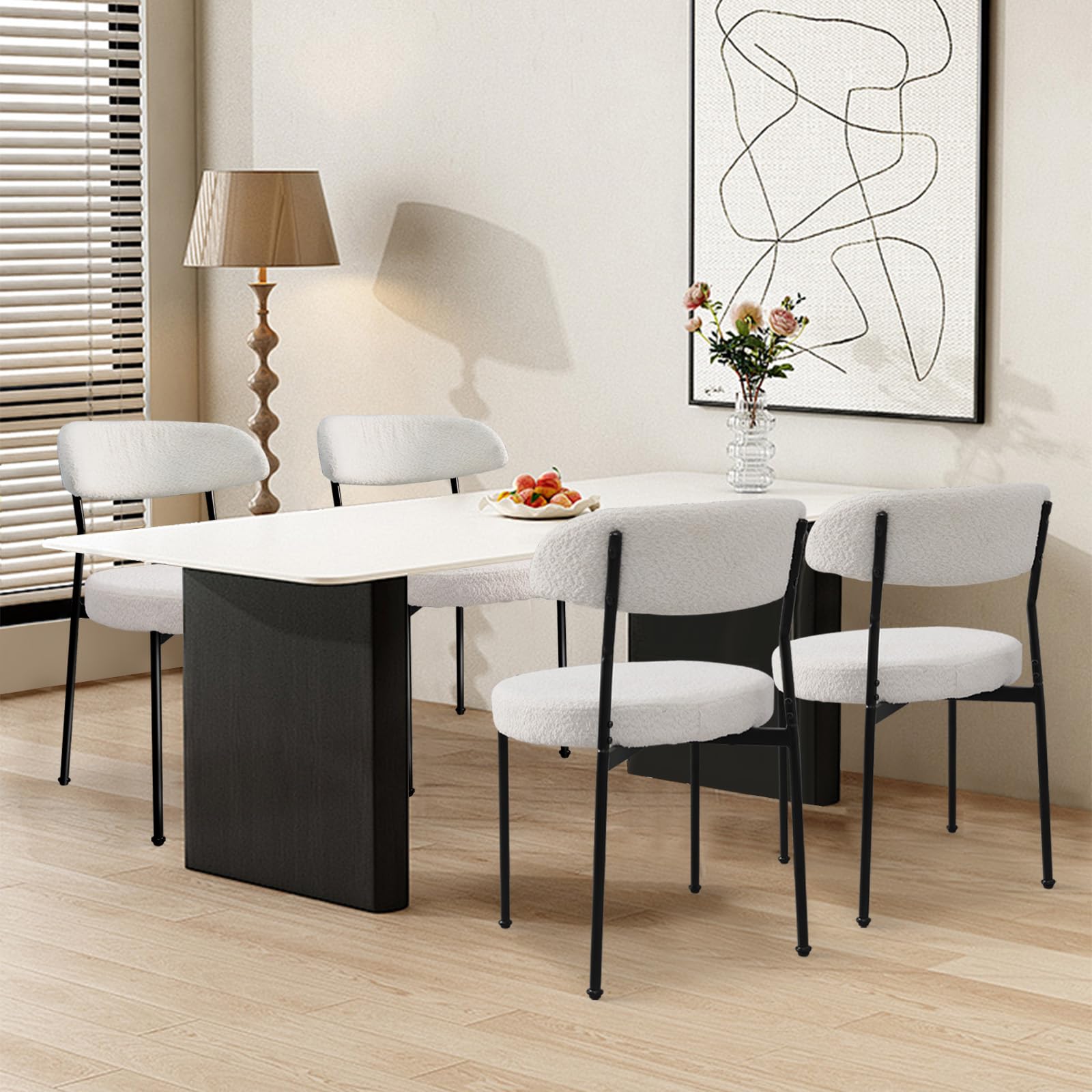 SoarFlash Mid Century Modern Dining Chairs Set of 4 - Beige Boucle Upholstered Kitchen Chairs with Curved Backrest & Black Metal Legs for Dining Room, Kitchen, Breakfast Nook & Home Decor