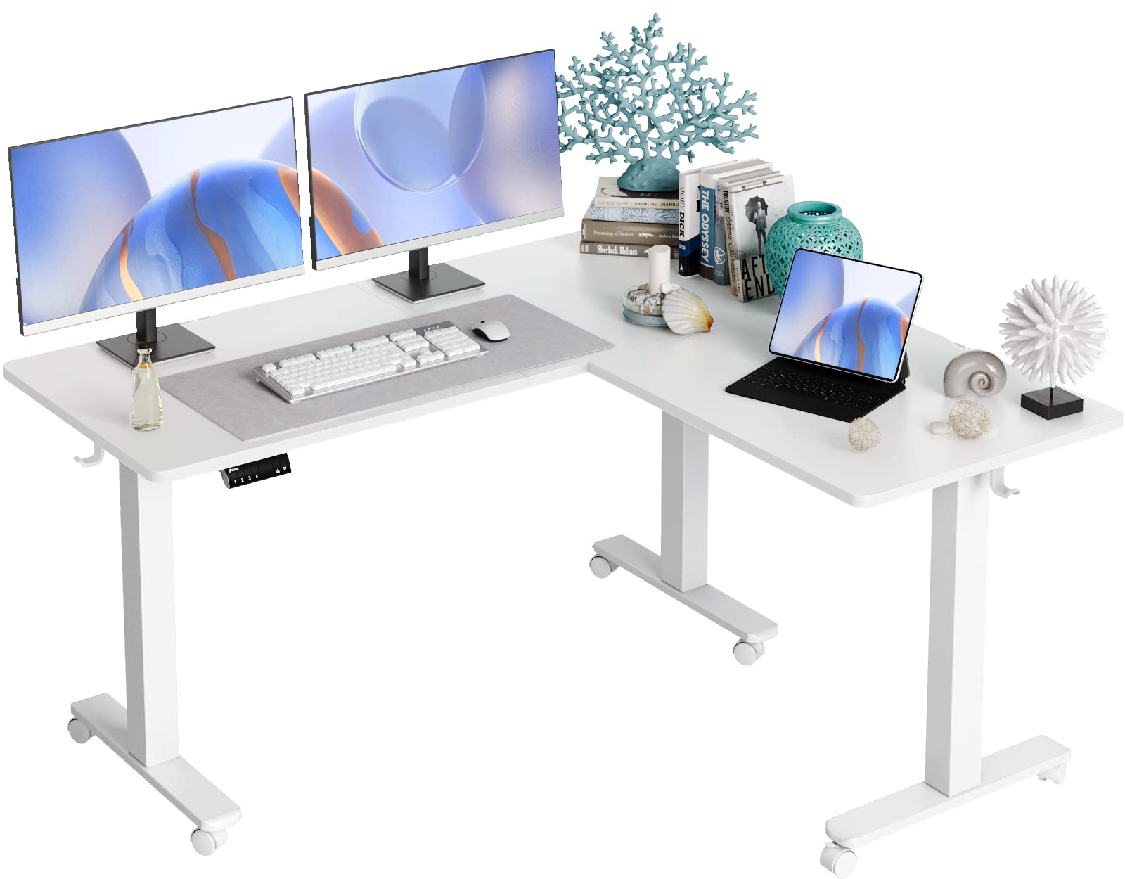 Ergonomic Triple Motor L-Shaped Standing Desk - 63 x 55 Inch Adjustable Height Corner Desk with Splice Board (White Frame/White Top) - Perfect for Home Office, Gaming Setup & Workspace Productivity