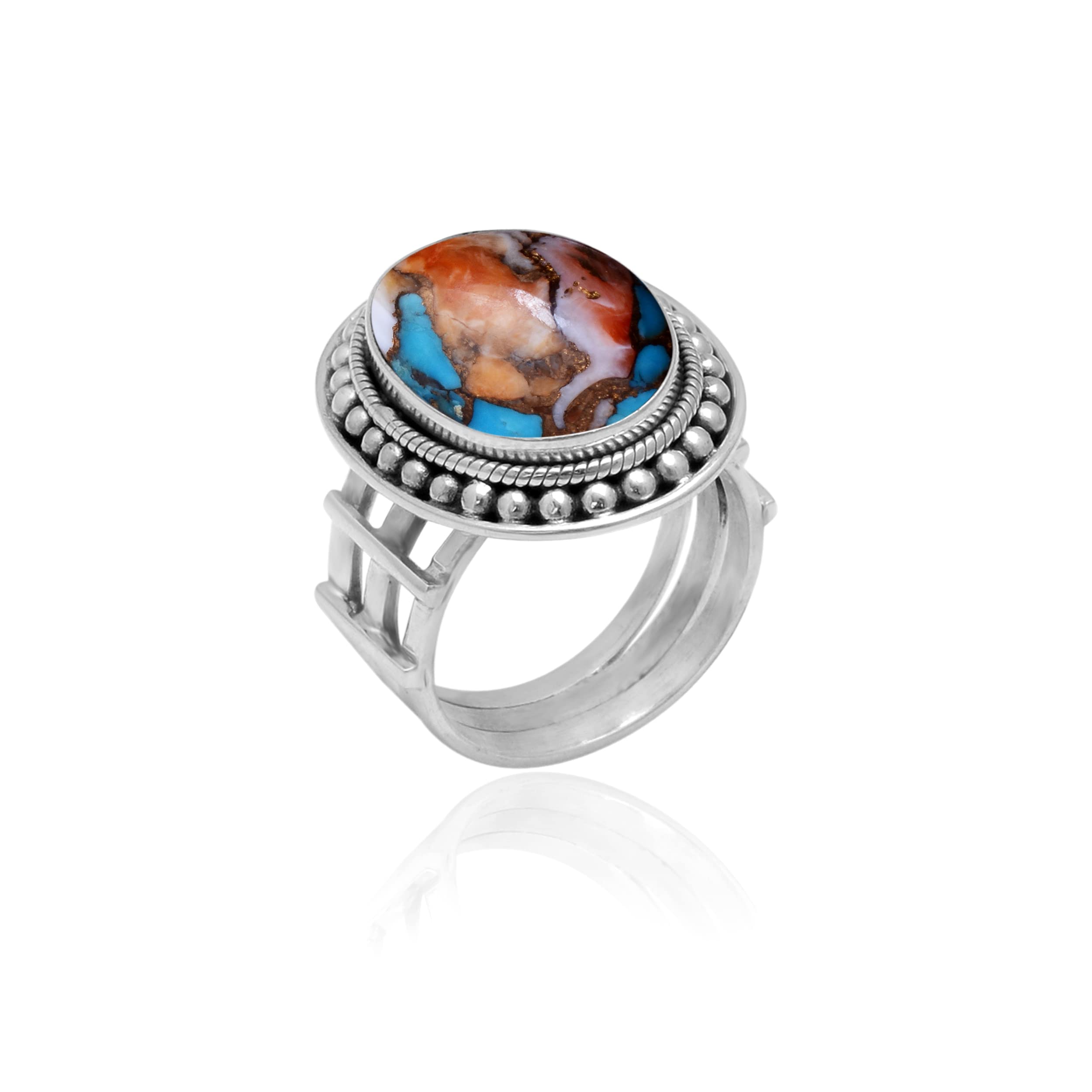 Veracity Jewelry 925 Sterling Silver Oyster Copper Turquoise Ring for Women - Kingman Mojave Spiny Oyster Healing Meditation Jewelry - Multi-Color Turquoise Gemstone Ring (VSR-35) | Perfect for Boho Fashion, Spiritual Healing & Everyday Wear