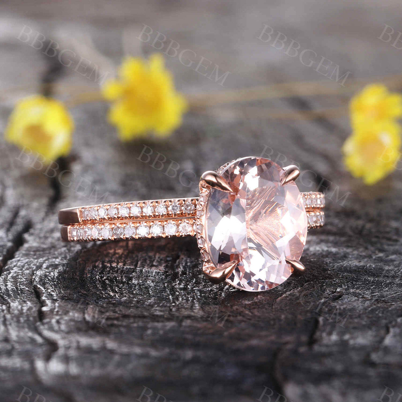 Rose Gold Morganite & Diamond Wedding Ring Set - 7x9mm Oval Art Deco Stacking Band in 14K/18K Gold - Perfect for Engagement, Anniversary & Bridal Jewelry Gifts