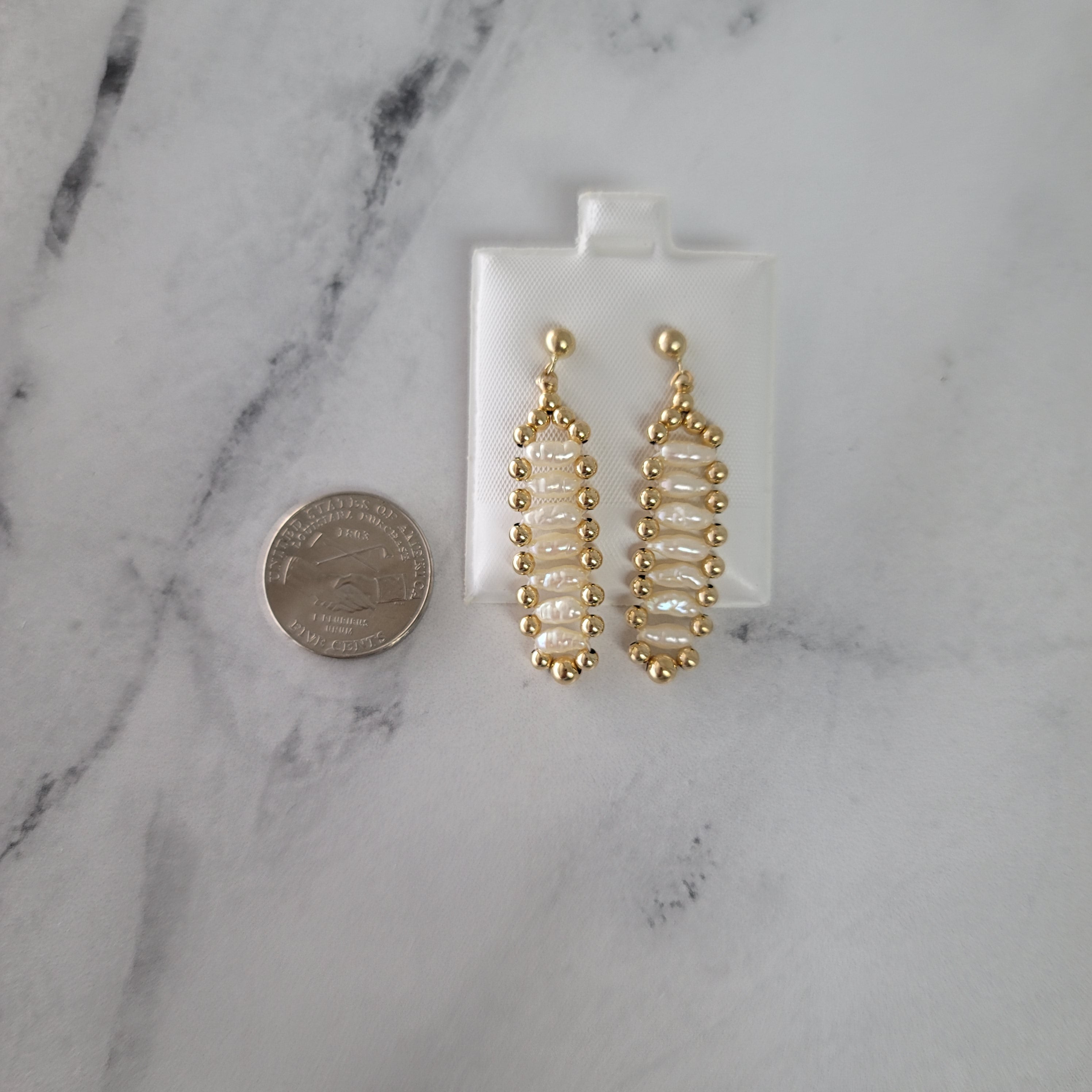 14K Yellow Gold Rice Pearl Drop Earrings - Elegant Dangling Jewelry for Women, Perfect for Weddings, Parties & Special Occasions