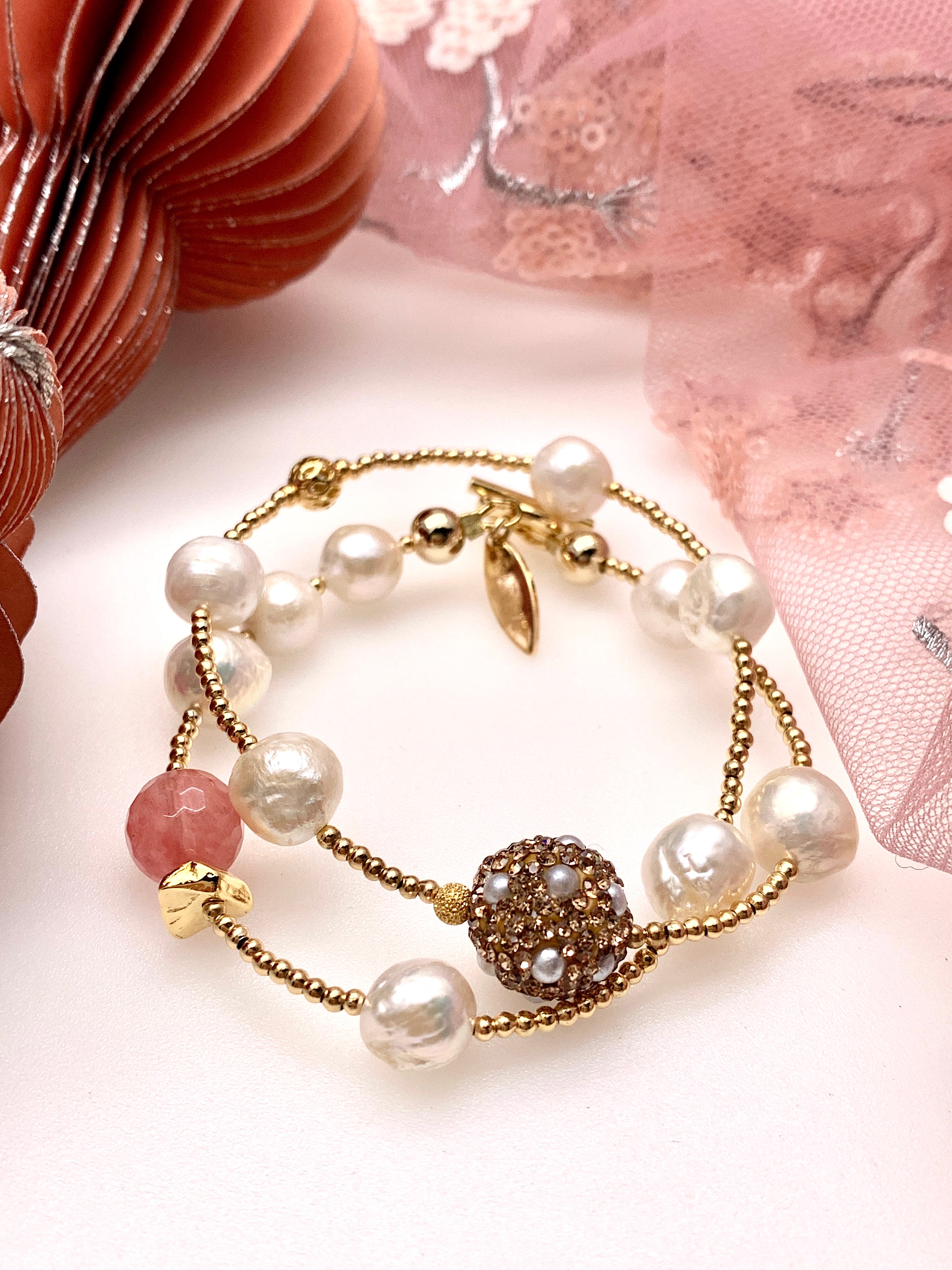 Freshwater Pearls & Watermelon Quartz Double Wrap Bracelet GB004 - Elegant Handmade Jewelry for Women, Perfect for Weddings, Parties & Everyday Wear