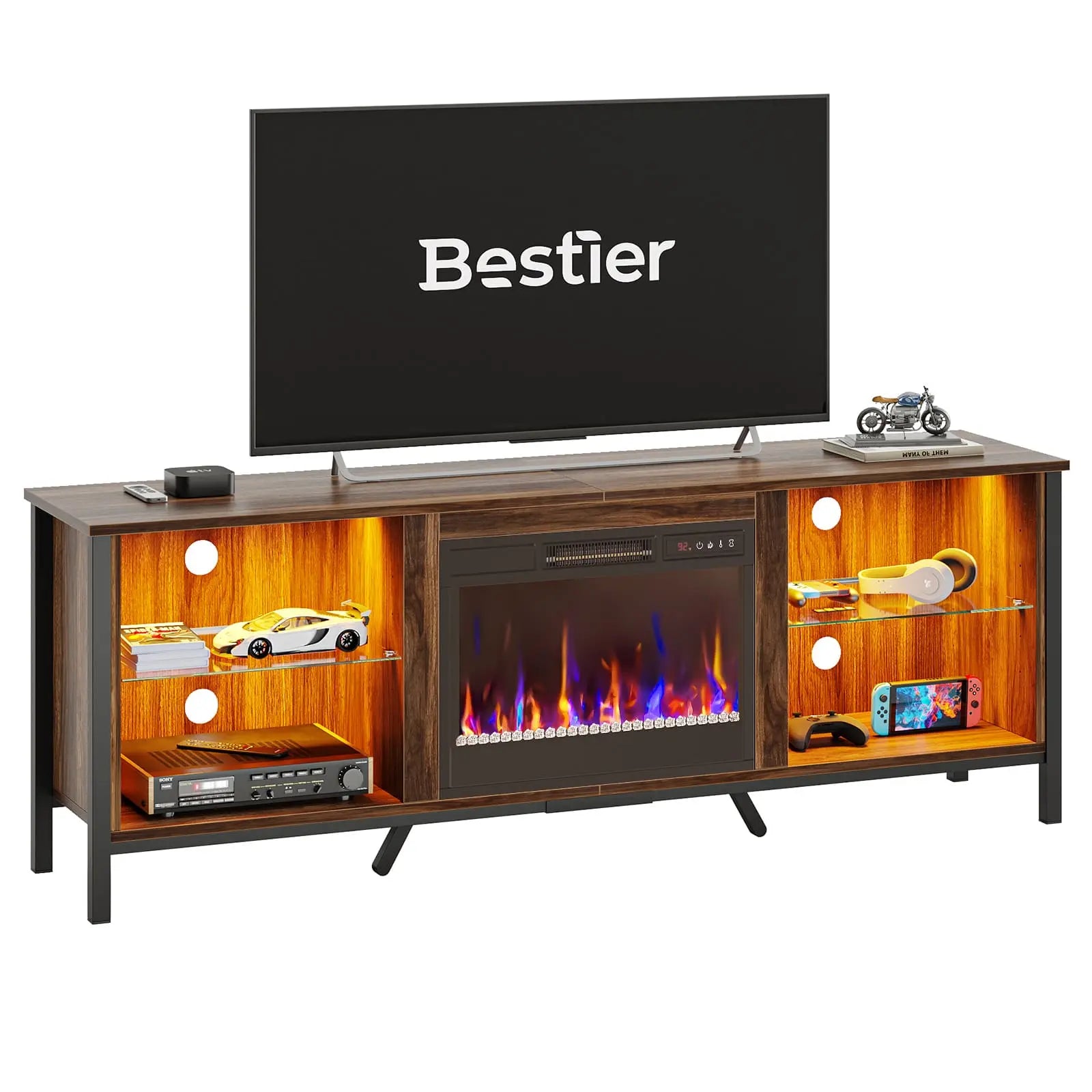 Bestier Modern LED Fireplace TV Stand with Electric Heater - 60 Inch Entertainment Center for Living Room, Bedroom & Home Theater